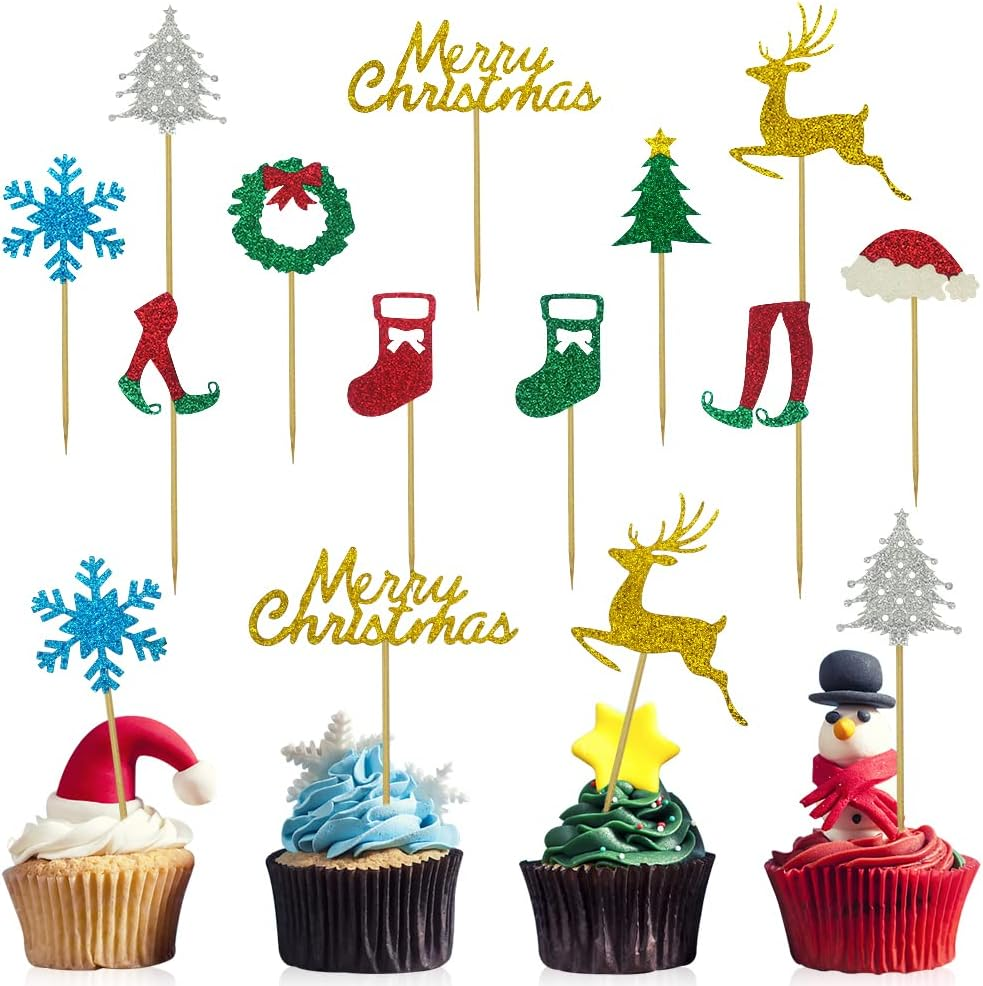 Christmas Cupcake Toppers, Christmas Cake Topper, Merry Christmas Tree Elk Socks Snowflake Cake Cupcake Picks Decorations for Christmas Party Engagement Carnival Celebration Dessert Decor Supply image number 4