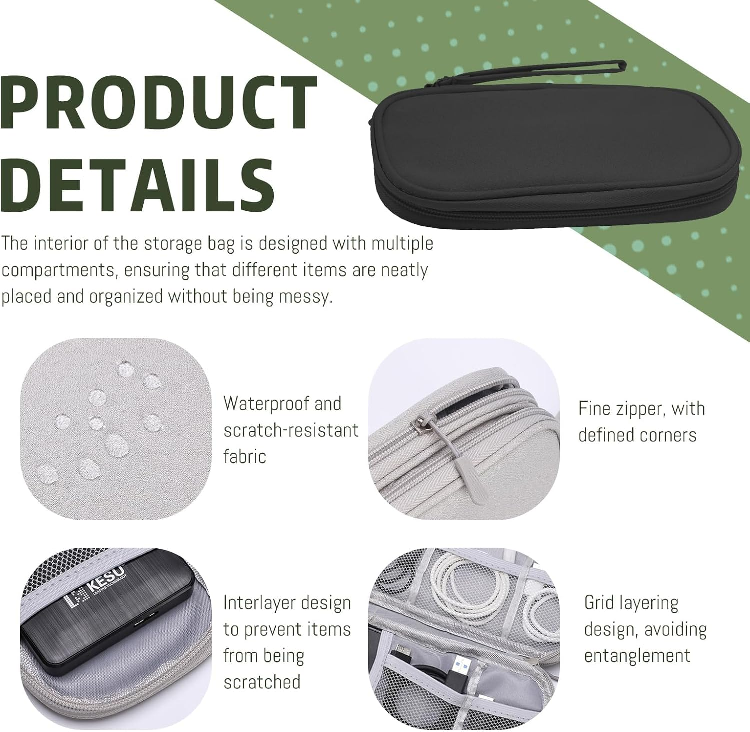 CLERIVI Travel Cable Organizer Pouch - Waterproof Electronics Case for Charger, Cables, Earphones & Phone,Compact Single-Layer Tech Bag with Carry Strap