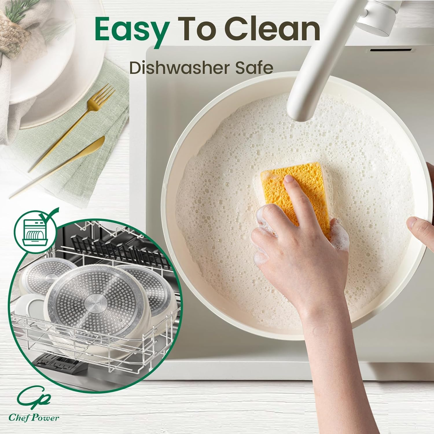 Chef Power Ceramic Nonstick Cookware Set 19 Piece with Detachable Handle, Induction Dishwasher Oven Safe Pans and Pots Set, RV Kicthen Set Removable Handle, Cream White