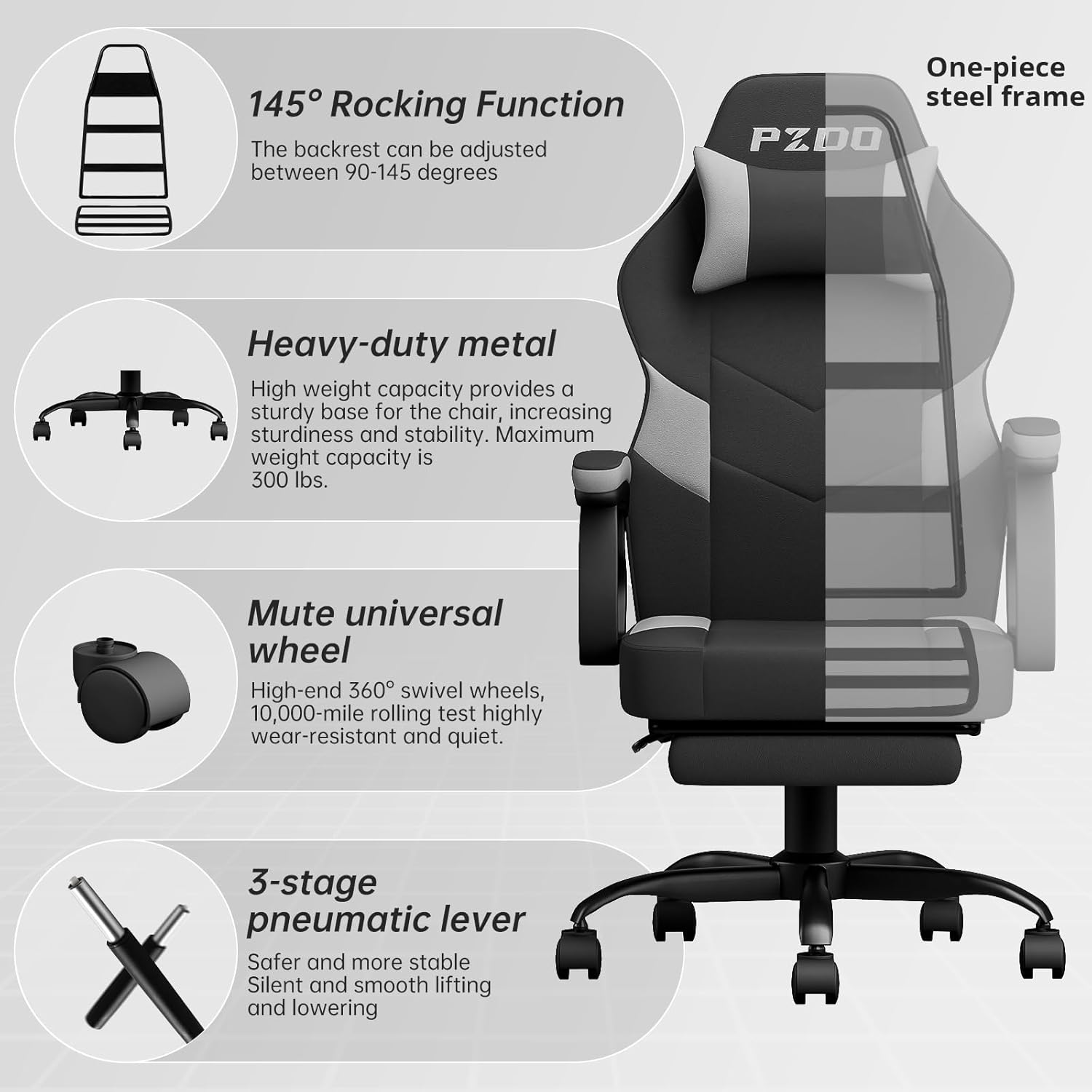 Office Chair, Computer Chair for Adults, Ergonomic Office Chair with Footrest, Desk Chair with PU Leather & Lumbar Support, Gaming Style Pc Chair for Teens, Kids, 300LBS, Black-Grey