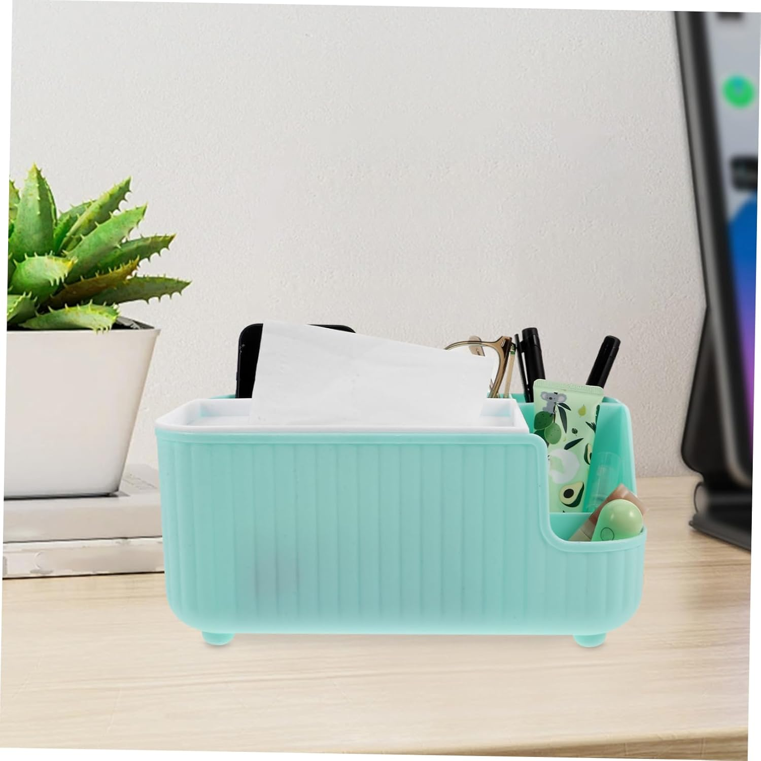 TIDTALEO Multifunctional Tissue Box Storage Napkin Holder for Table Plastic Organizer Compartment for Pens Remote Glasses and Notepads image number 5