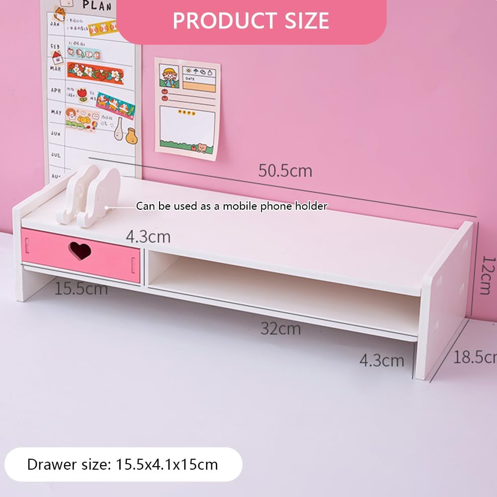 Two Tier Computer Desk Organizer Monitor Stand with Drawer, Desktop Printer Stand for PC, Laptop, Imac, Notebook, Office Desk Storage with 1 PCS Drawer