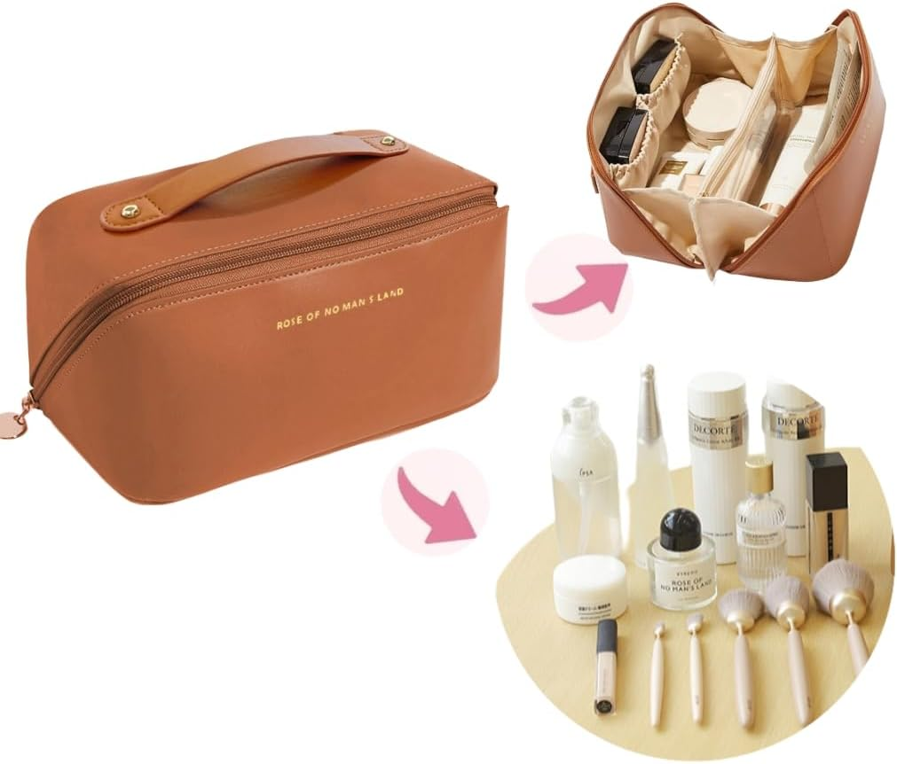 Waterproof Leather Makeup Bag with 180&deg; Opening &ndash; Organized Storage for Cosmetics, Ideal for Travel & Gifting,Leather Toiletry Bag with Handle, Tan Brown, Zip Closure, Travel Cosmetic Case, AUPOINT image number 6