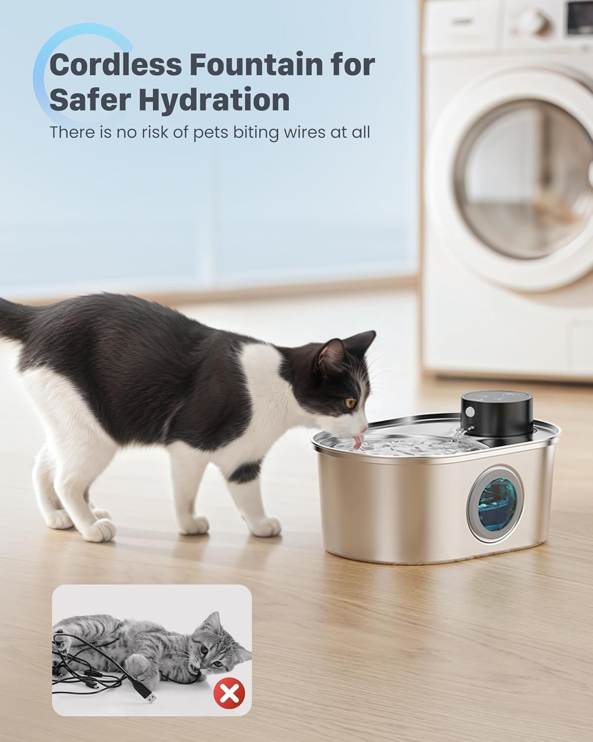 Wireless Cat Water Fountain: Battery Operated Stainless Steel Pet Fountain, Automatic Cordless Water Dispenser Indoor, Metal Bottle for Drinking, Rechargeable Dog Water Bowl(6 Filters+ 3 Sponges) image number 1