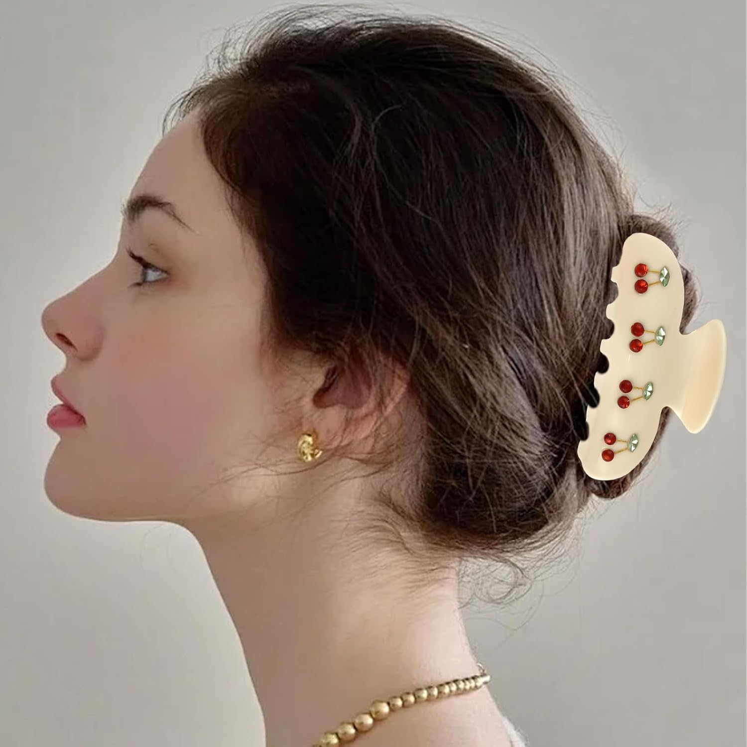 Set of 2 Hair Clips for Women, Hair Clip with Cherry, Hair Clips for Women, Acrylic Hair Clips Design with Rhinestones and Leaf Motifs for Medium Thick Medium Hair image number 6