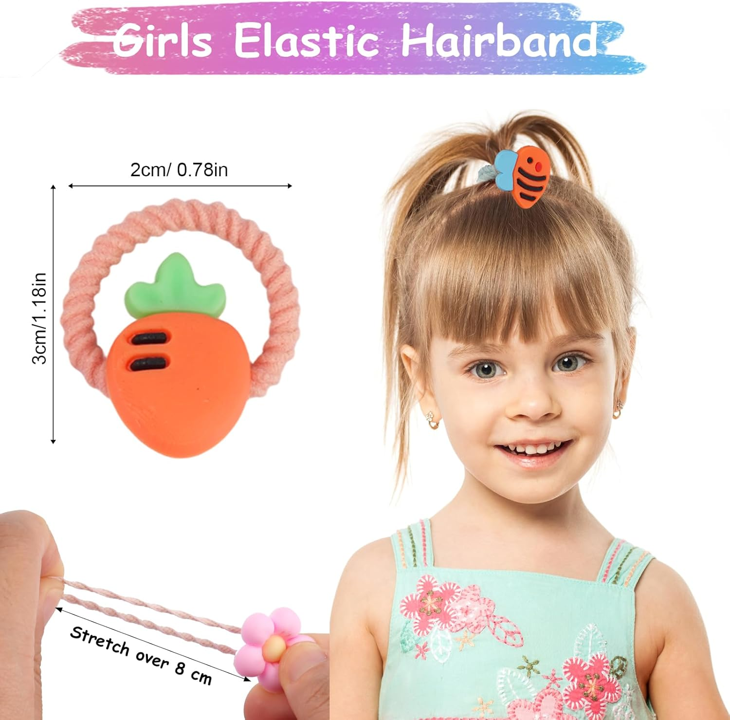 Pack of 100 Colourful Hair Bobbles Girls Elastic Baby Hair Bobbles Cartoon Hair Bands Girls Kids Hair Bobbles Small with Bows, Animal, Flower and Fruit Patterns image number 4