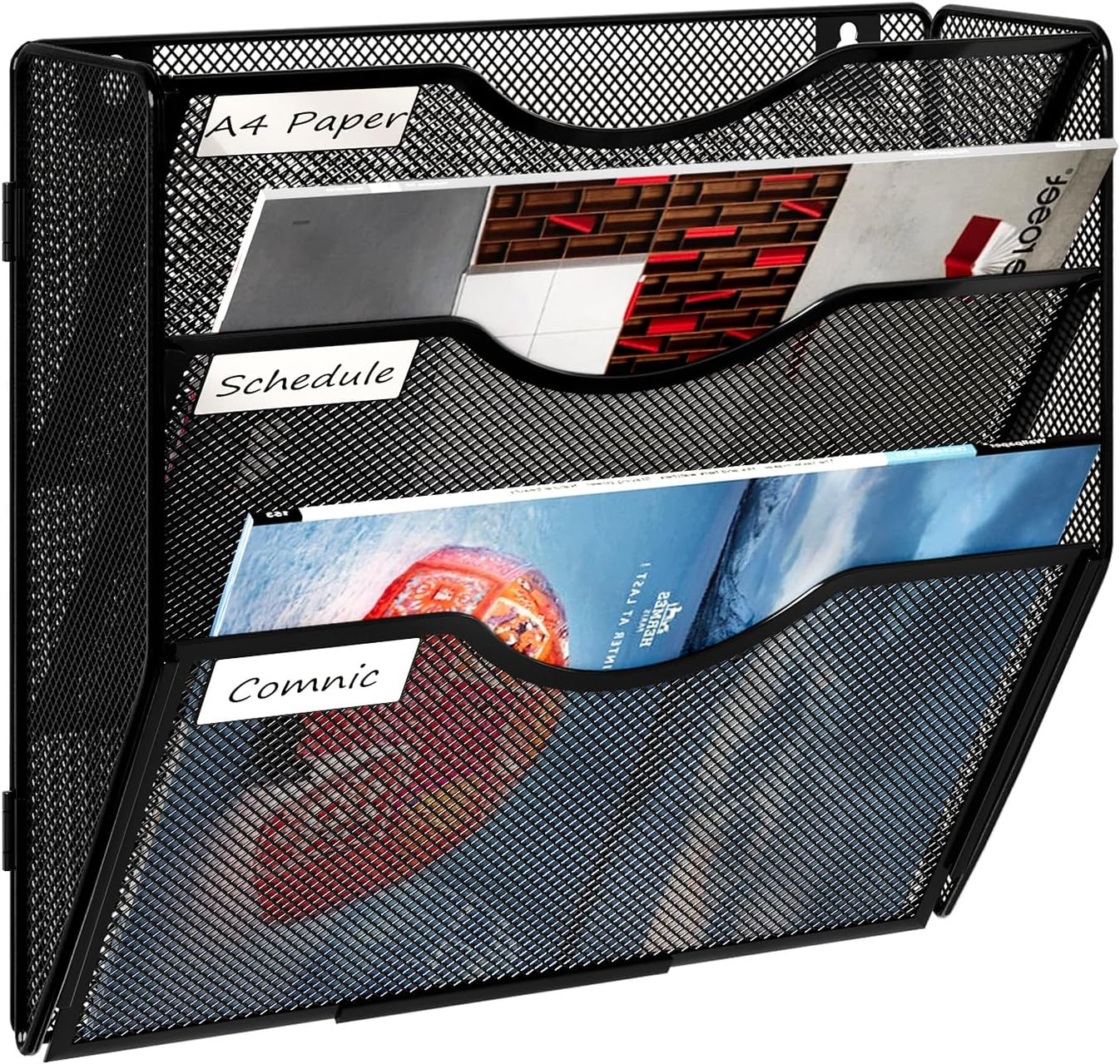 Solinxe Wall Hanging File Holder 3 Tier Wall Mounted Paper Organizer Magazine File Holder Storage Organizer, Black