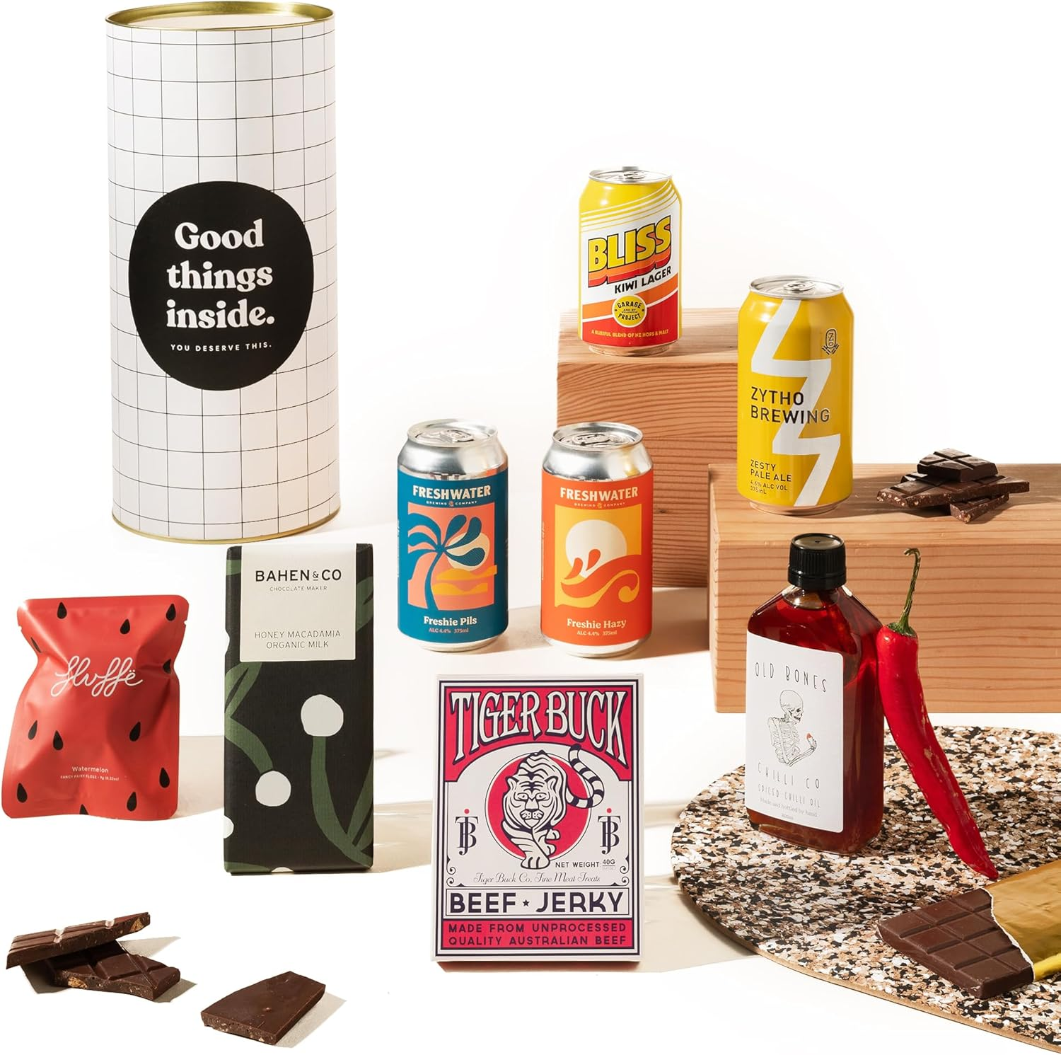 Craft Beer Gift Hamper | Manly Mark Gift Box by Good Day People | Premium Beer Selection with Old Bones Chilli Oil, Fluffe Fairy Floss, Tiger Buck Beef Jerky & Bahen & Co Chocolate &ndash; Gourmet Hamper for Him, Great for Birthday Gifts, Celebrations & Thank You Gifts image number 3