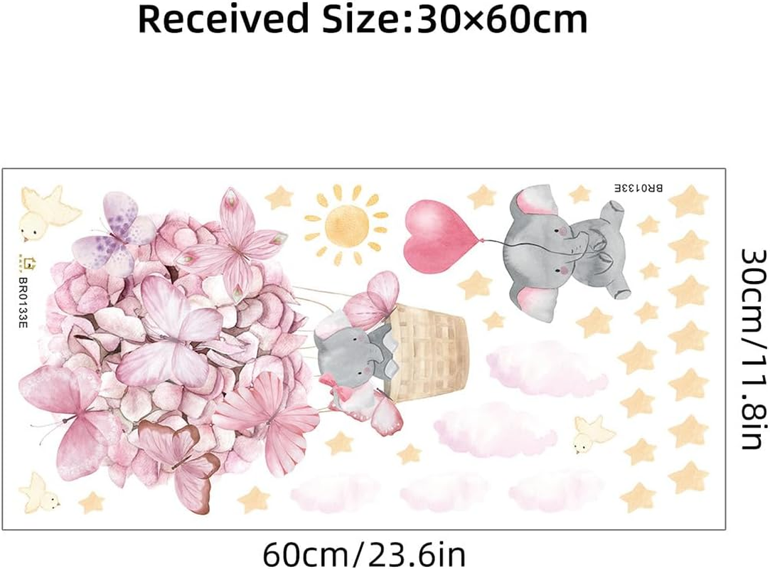 Pink Butterfly Hot Air Balloon Elephant Wall Decor for Baby Girl Room Star Cloud Nursery Wall Decal Stickers image number 4