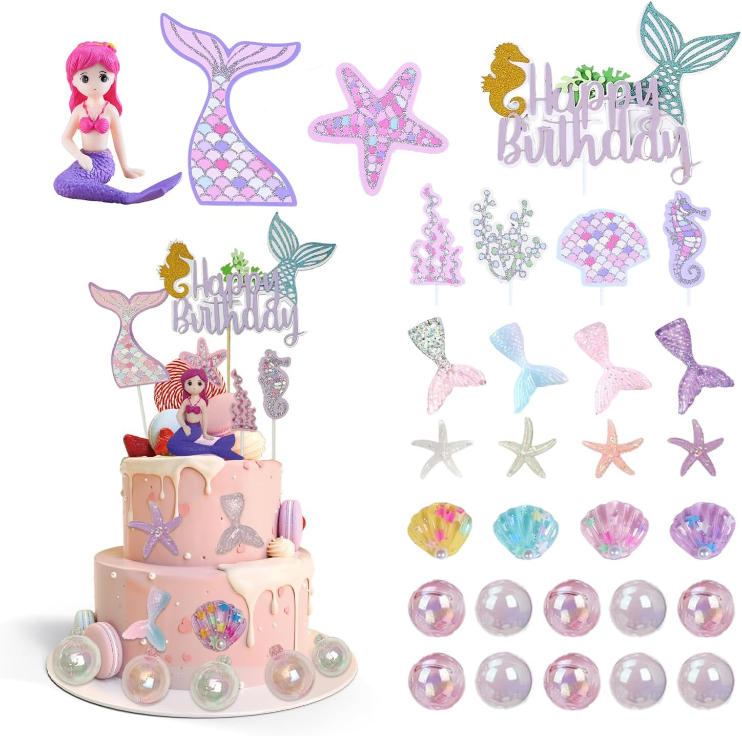ZANZER 30 PCS Mermaid Cake Topper for Girls under the Sea Ocean Theme Mermaid Cake Decorations Kids Birthday Party Supplies Birthday Cake Topper (Mermaids Cake Toppers) image number 4
