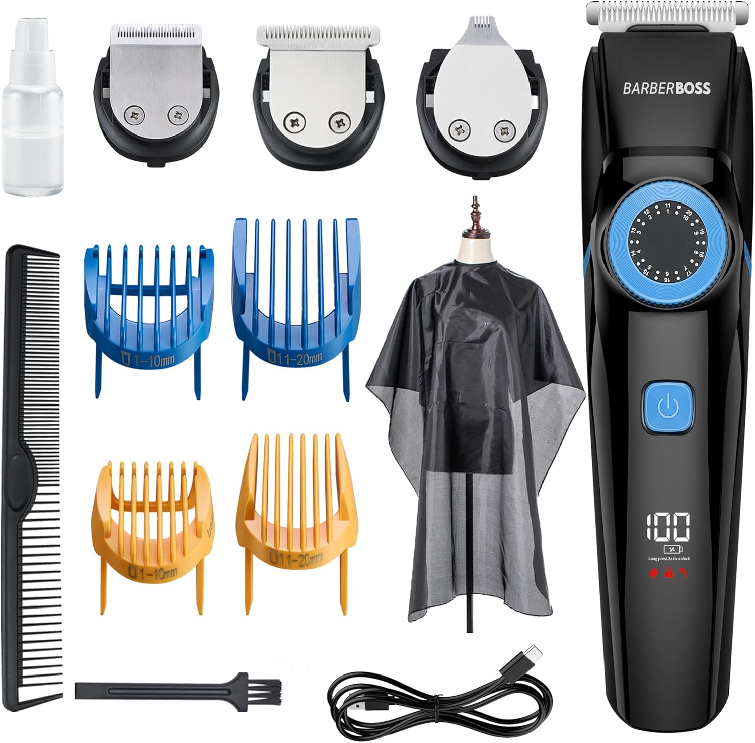 Barberboss 3 in 1 Grooming Kit for Men, Hair Beard and Detail Trimmer, Precision Wheel, Cutting Blades, Oil and Charging Lamp, USB Rechargeable and 100% Waterproof QR-6087