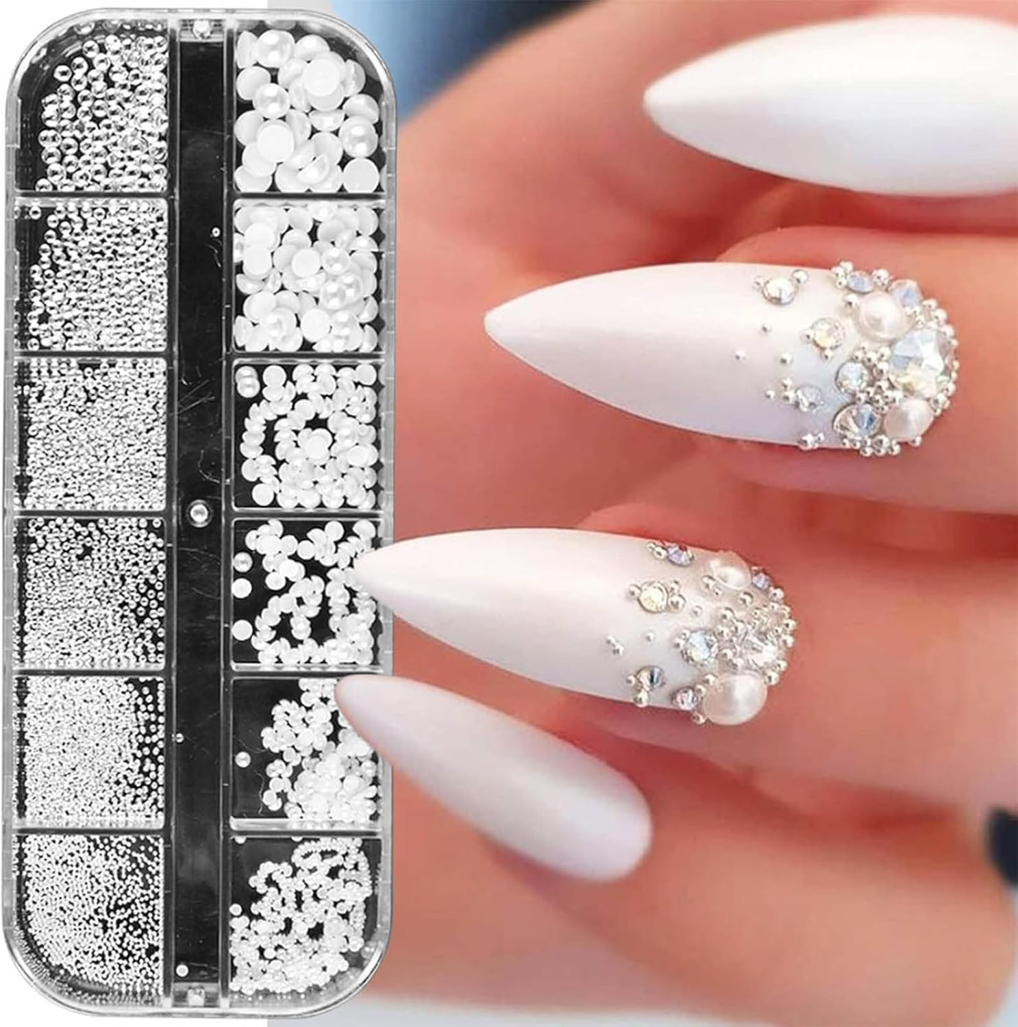 1 Box Nail Art Rhinestones, White Pearls for Nails, Half round Pearl Balls, Nail Pendants, Stainless Steel Beads, White Flat Back Beads for Women, Nail Decorations image number 5