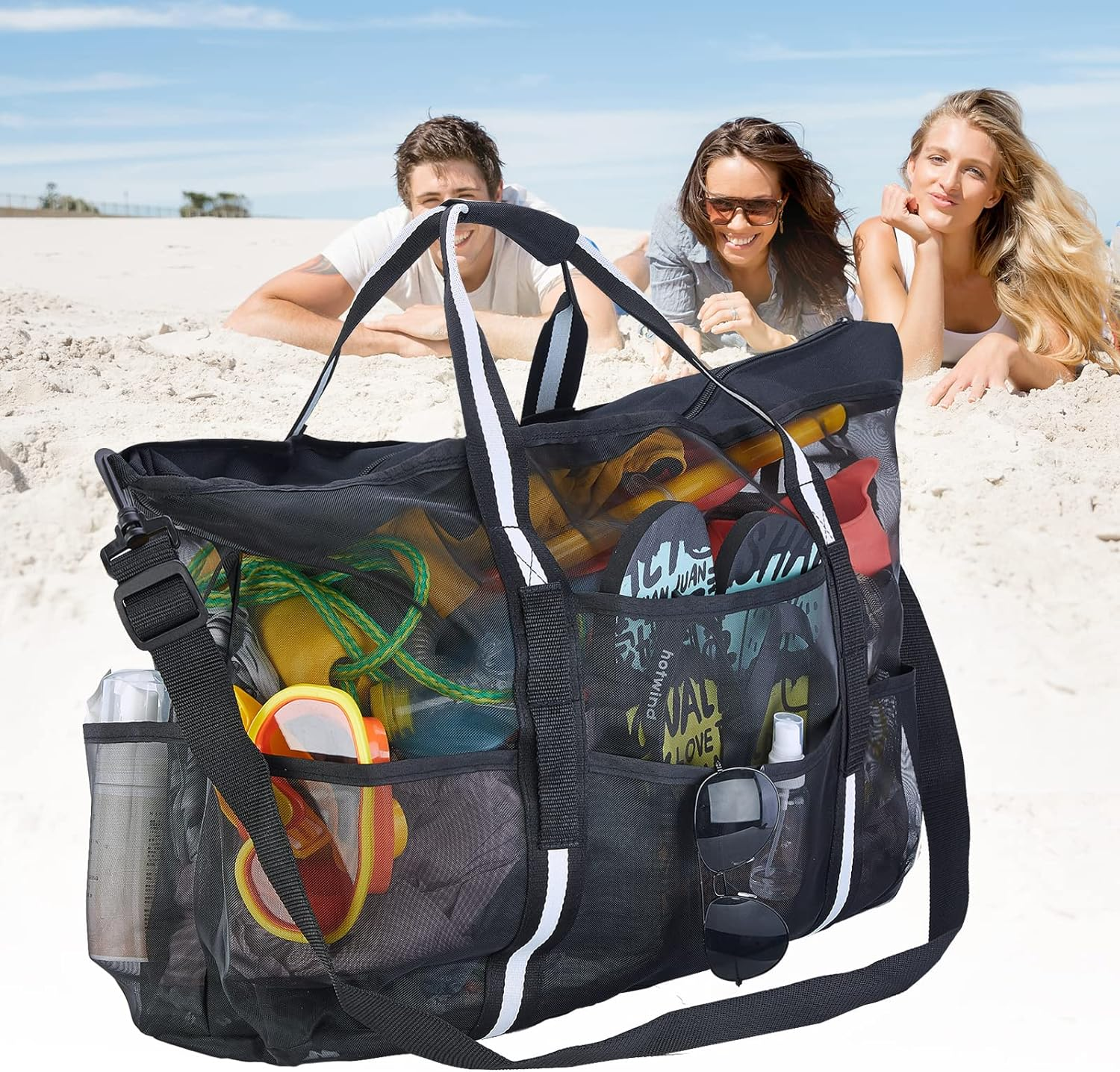 MOPHOEXII Extra Large Mesh Beach Bags Pool Bags，Vacation Beach Toy Bag Swimming Bag Packable Beach Bag Mesh Tote Bag for Women and Men, Black, Black, Large image number 1