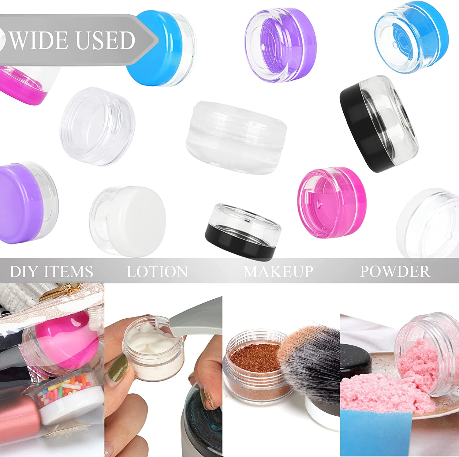 25PCS 3 Gram Sample Containers, 3Ml Empty Jars with Lids, Small Cosmetic Containers, Mini Sample Jars with 2PCS Mini Spatulas for Make Up, Oils, Lotion, Powder, Paint, Jewelry, Lip Balms(Black Lid) image number 7