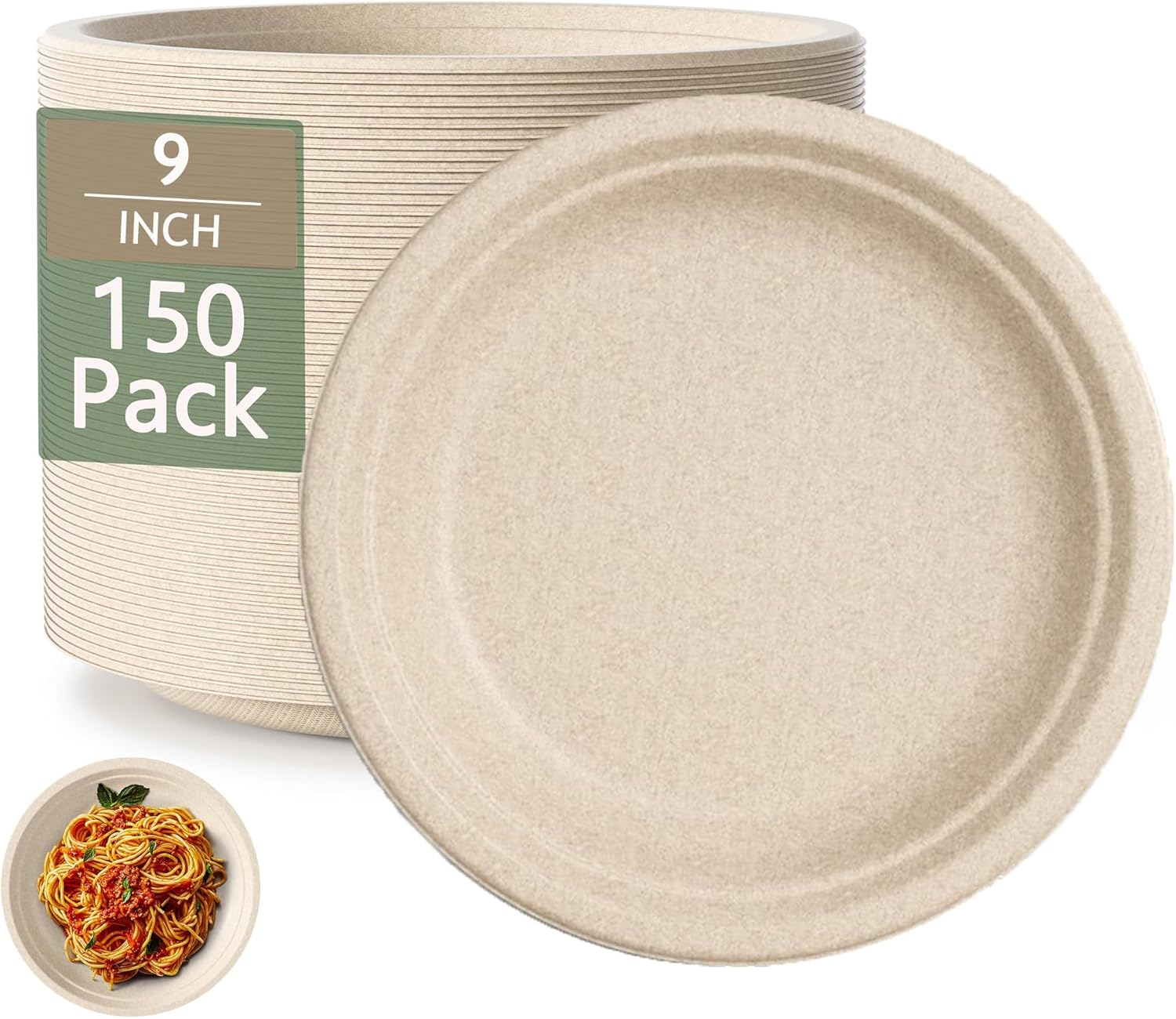 100% Compostable Paper Plates, 150-Pack Heavy Duty Disposable Plates 9 Inch Plates - Eco-Friendly, Biodegradable Paper Fiber, Natural Unbleached Brown 9" Dinner Paper Plate Disposable (150)