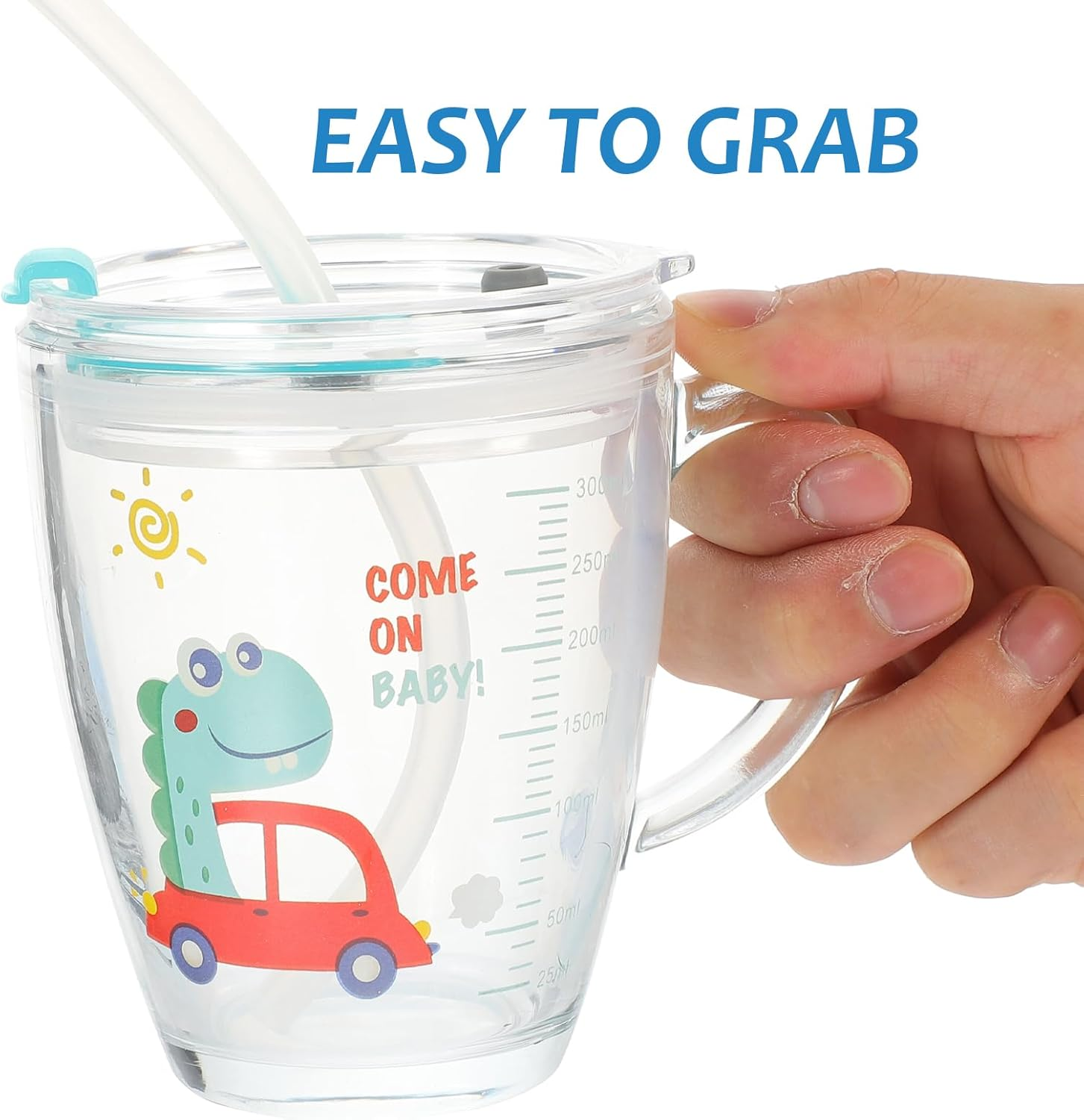 SEWACC Cartoon Sip Cup Glass Tumbler with Lid and Straw Kids Milk Juice Cup with Scale for Home Office Cafe Use image number 6