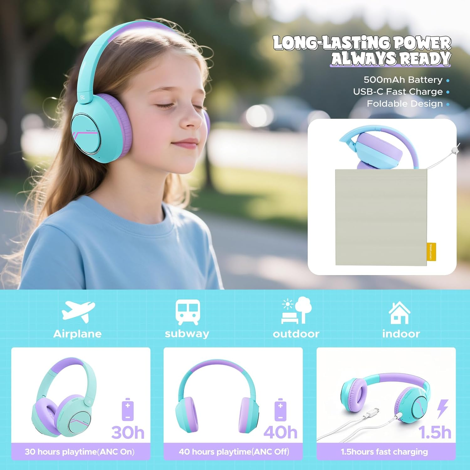 Steellumen Children'S Active Noise Cancelling Bluetooth Headphones, 74/85/94 Dba Safe Volume, Bluetooth 5.3, Comfortable Children'S Headphones Wireless for Air Travel image number 2