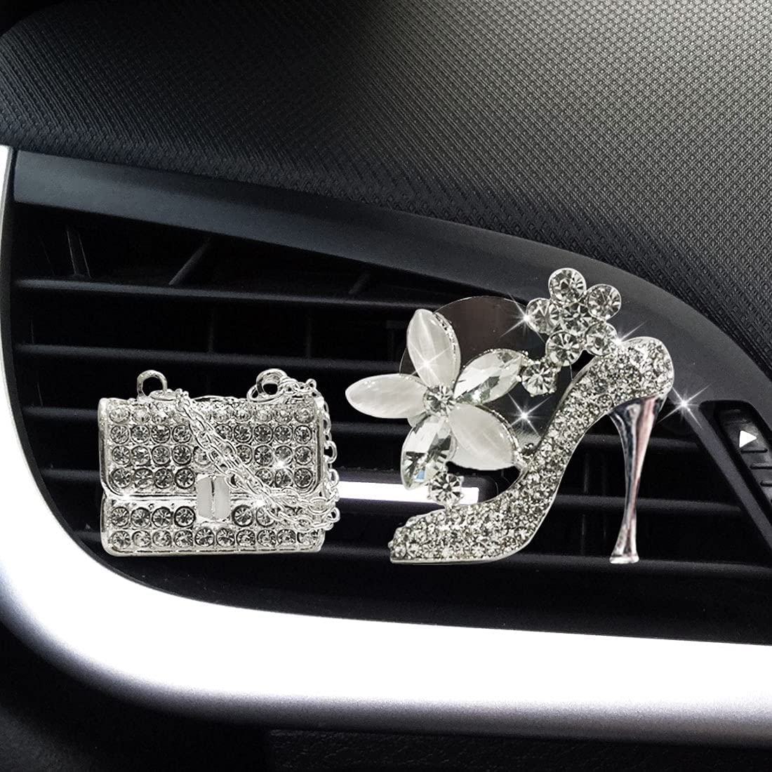 Crystal High Heel Shoe & Magic Bag & Crystal Crown Car Air Vent Clip Charm Sparkly Bedazzled Rhinestone Car Accessories，Car Interior Decoration Charm，Rhinestone Cute Car Decor Girls image number 4