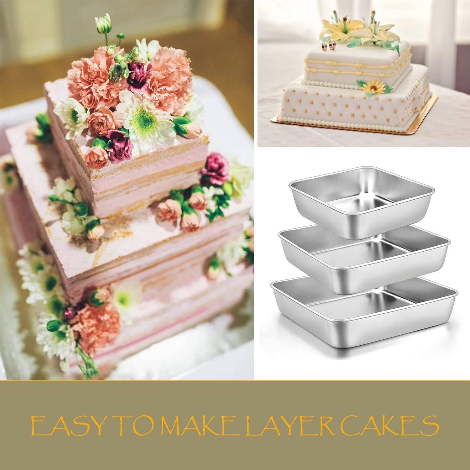 6/8/9-Inch Square Cake Pan Set, E-Far Stainless Steel Square Baking Brownie Pans Metal Bakeware Set of 3, Non-Toxic & Healthy, Easy Clean & Dishwasher Safe image number 2