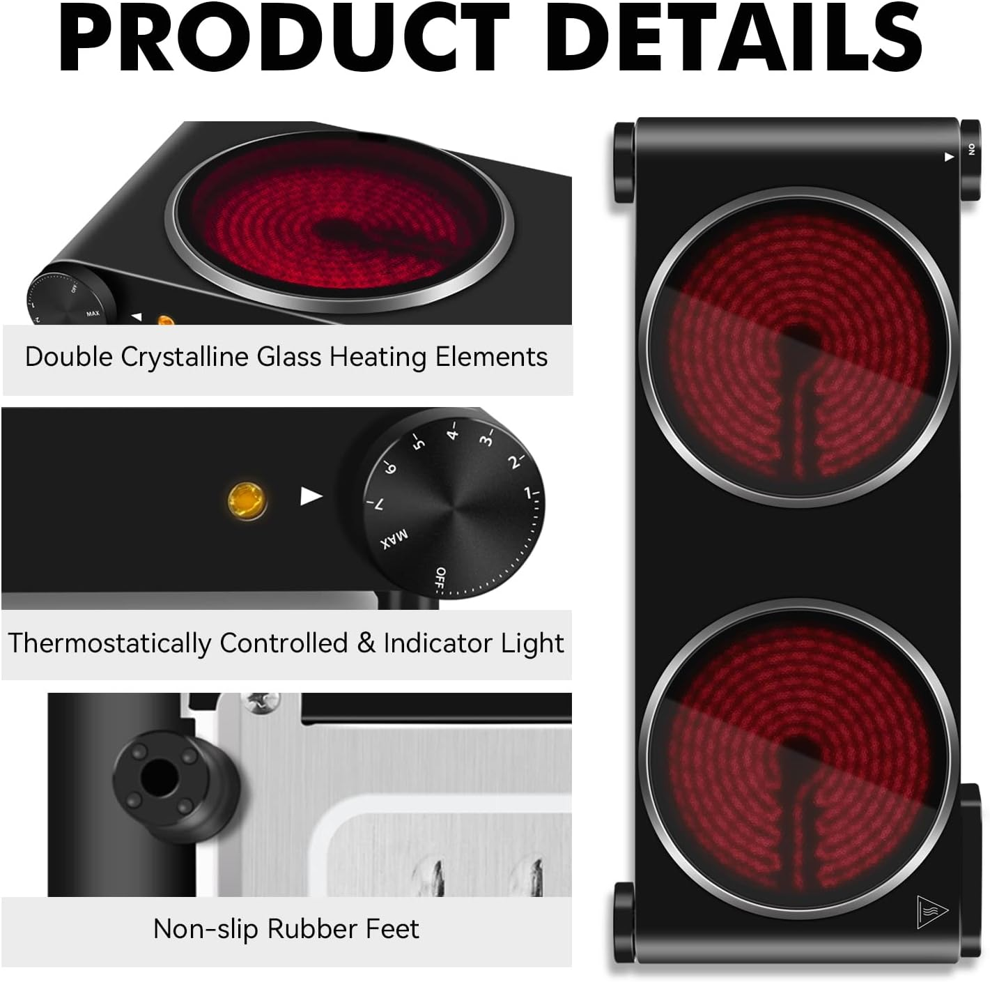 Double Hot Plate, CUSIMAX 2400W Electric Infrared Hotplate with Dual Temperature Controls, Portable Ceramic Electric Stove for Home, Camping and Caravan, Cooktop Burner Compatible for All Cookwares image number 5