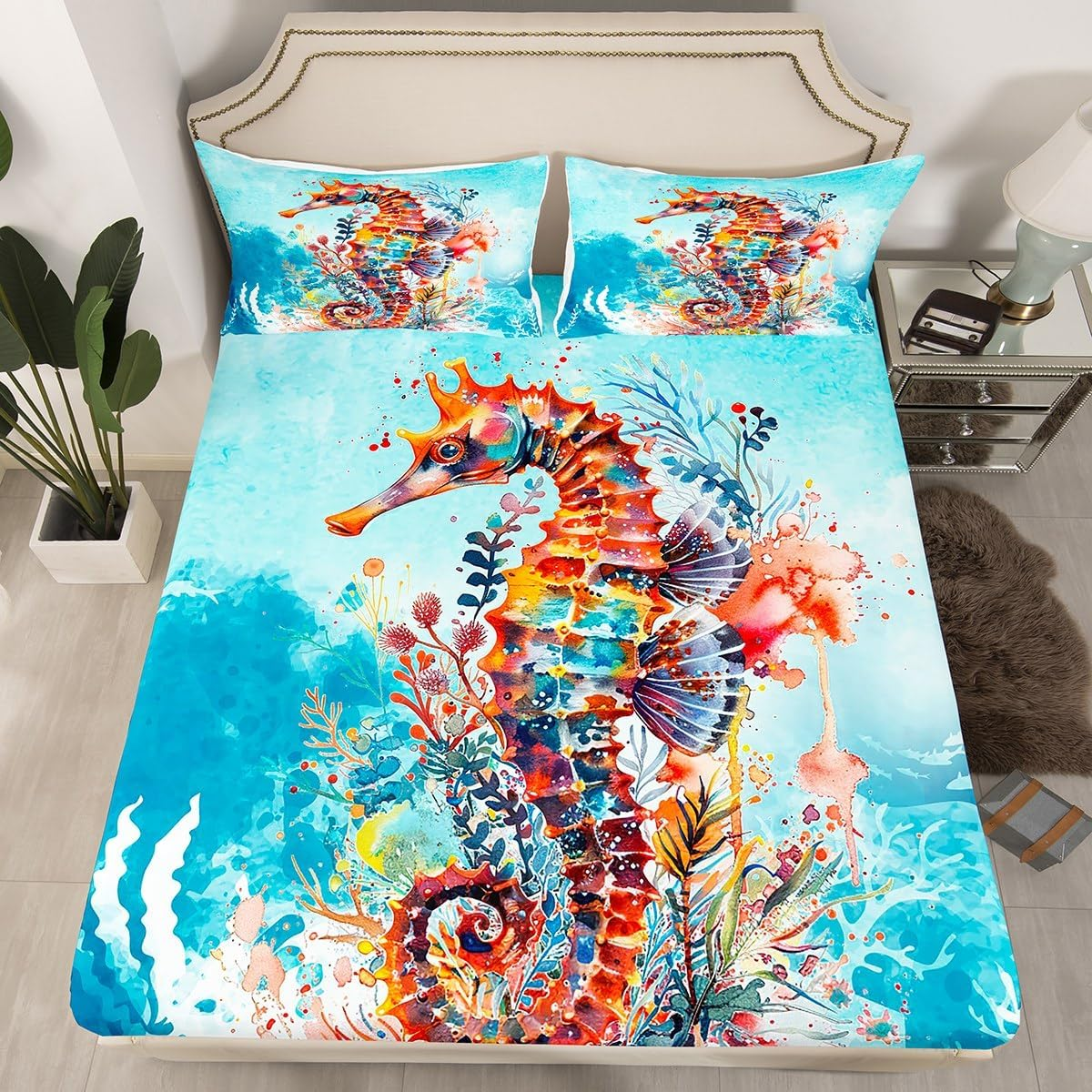 Feelyou Seahorse Sheet Set Queen Ocean Creature Themed Sheets with Deep Pocket Fitted Sheet Sea Creature Underwater World Bed Sheets Set Marine Life Sealife Bedding Set Room Decor Underwater Bed Set image number 4