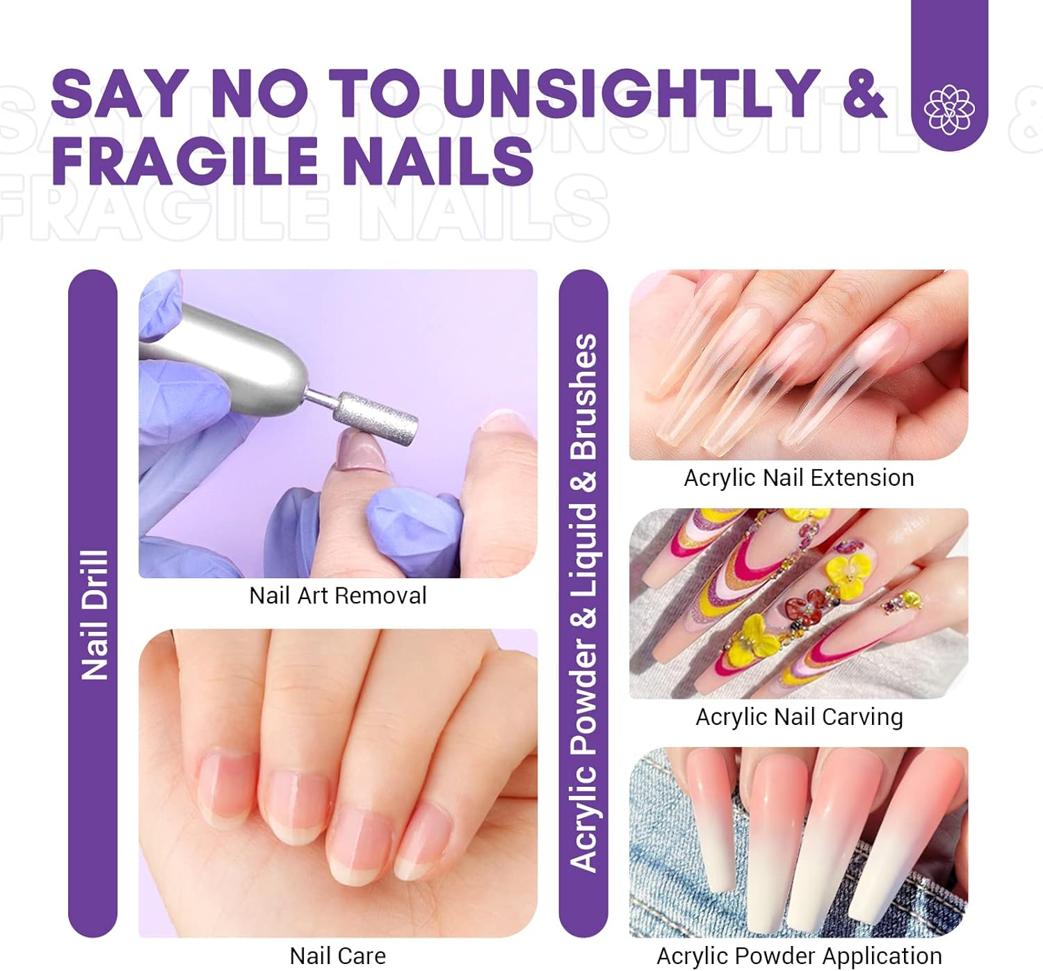 Saviland Acrylic Nail Kit &ndash; 3 Colors Acrylic Powder with Acrylic Liquid 3PCS Acrylic Nail Brush Electric Nail Drill Nail Forms Nail Kit Set Professional Acrylic with Everything for Extension Nail Art image number 2