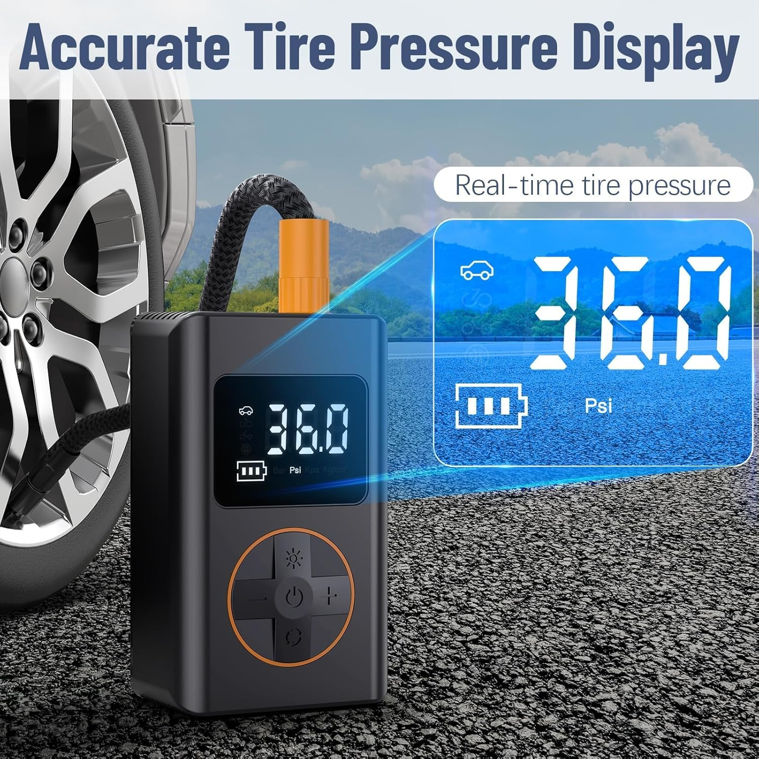 Tyre Inflator Portable Air Compressor,5 Mode Cordless Tyre Inflator 150PSI 6000Mah Rechargeable Power Bank Auto Shut-Off Digital Display Electric Air Pump W LED Light for Car, Motorcycle, Bike, Ball image number 1