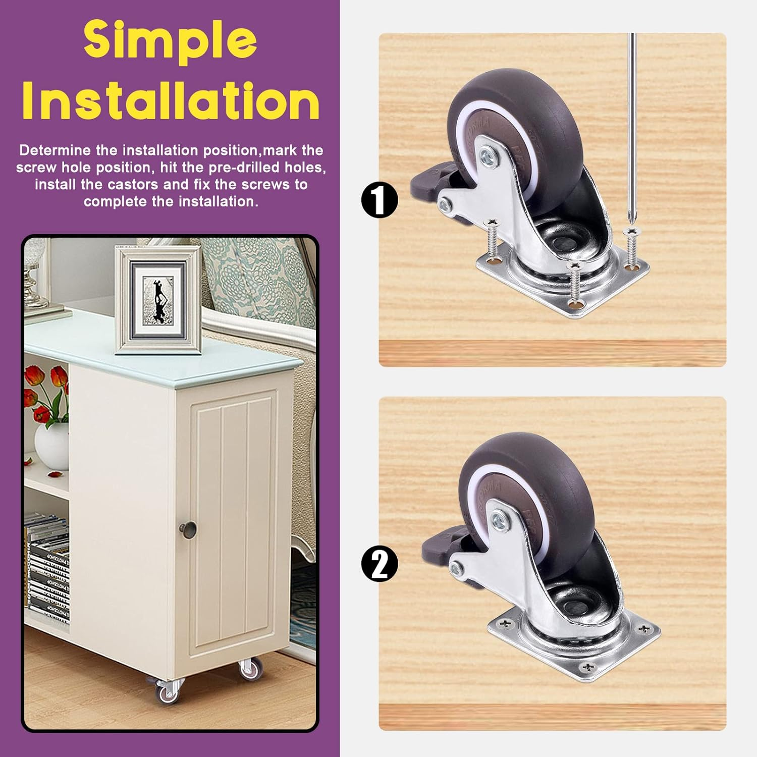 Swpeet 21Pcs 1 Inch Swivel Caster Wheels Set, Heavy Duty No Noise Rubber Casters 2 with Brakes 2 without Brakes, Locking Casters with Screws and Screwdrvier, Swivel Plate Castor Wheels for Furniture image number 2