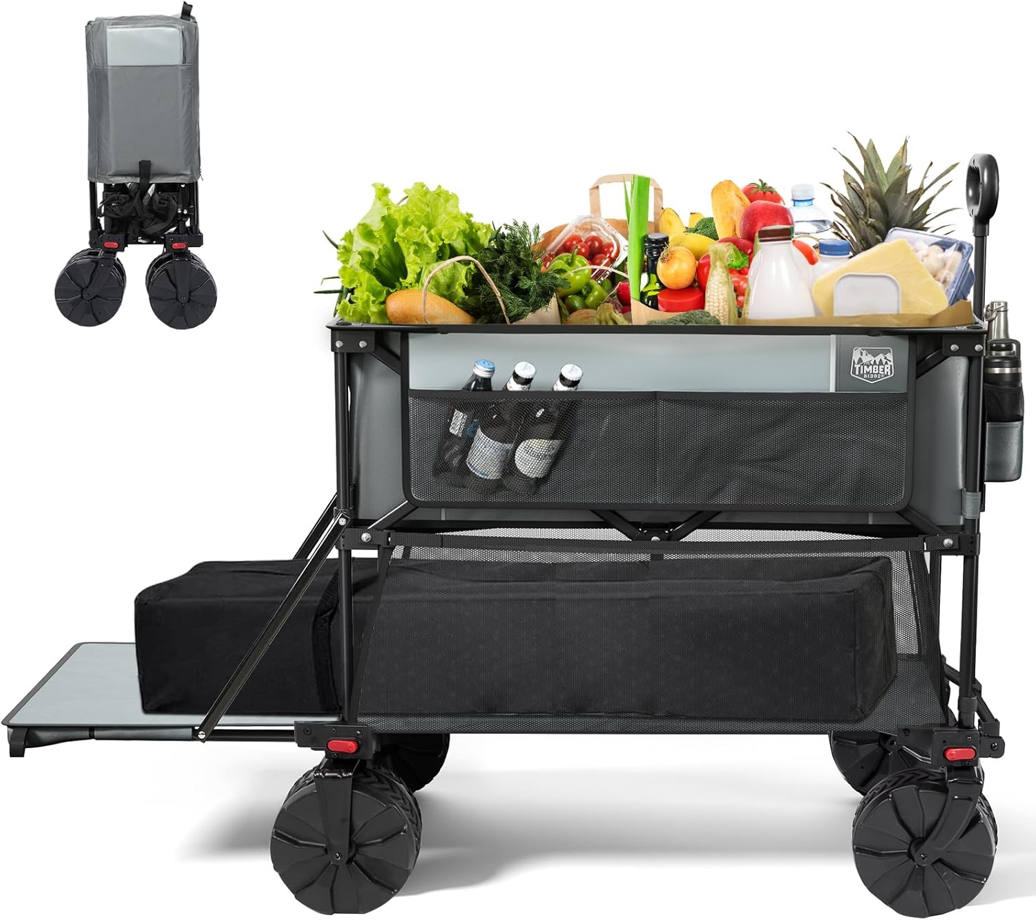 TIMBER RIDGE 400L Large Capacity Folding Double Decker Wagon, 54" Extra Long Extender Wagon Cart, 450Lbs Heavy Duty Collapsible Cart, All-Terrain Big Wheels for Camping, Sports, Shopping