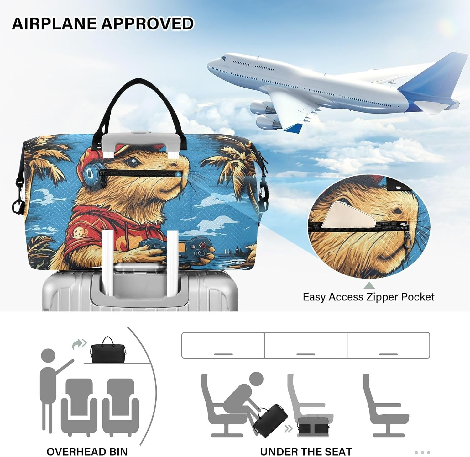 WOIWB Capybara Palm Tree Duffel Bag for Travel Gym Sport, Weekender Travel Bags Carry on Overnight Bag, Multicolor, 20.5 X 7.9 X 13.8 Inches+9.1 X 3.5 X 5.9 Inches image number 6