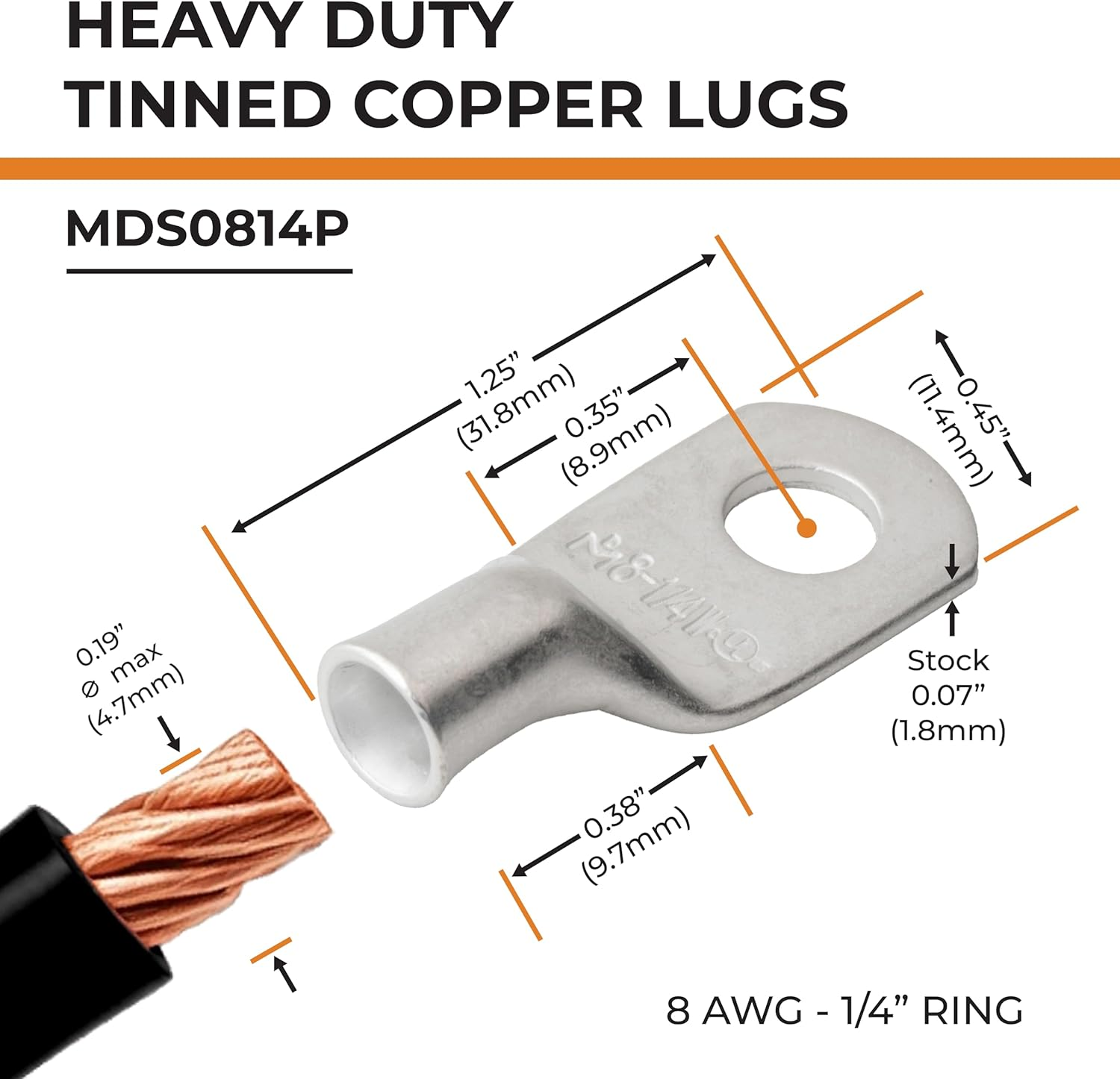 SELTERM UL Listed Marine Grade American Wire Gauge Lugs, Battery Cable Ends, Tin Plated Copper Eyelets, Tubular Ring Terminals, Closed End Crimp Connectors &mdash; 8 AWG (10 Mm&sup2;) to 250 MCM (150 Mm&sup2;)