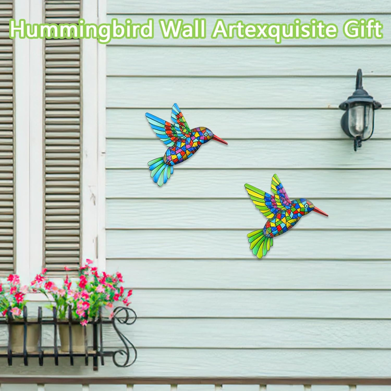 2 Pcs Metal Hummingbird Garden Ornaments Outdoor,Wrought Iron Colorful Hummingbird Wall Decor for outside Garden Patio Fence Home Bedroom Hanging Decoration image number 6