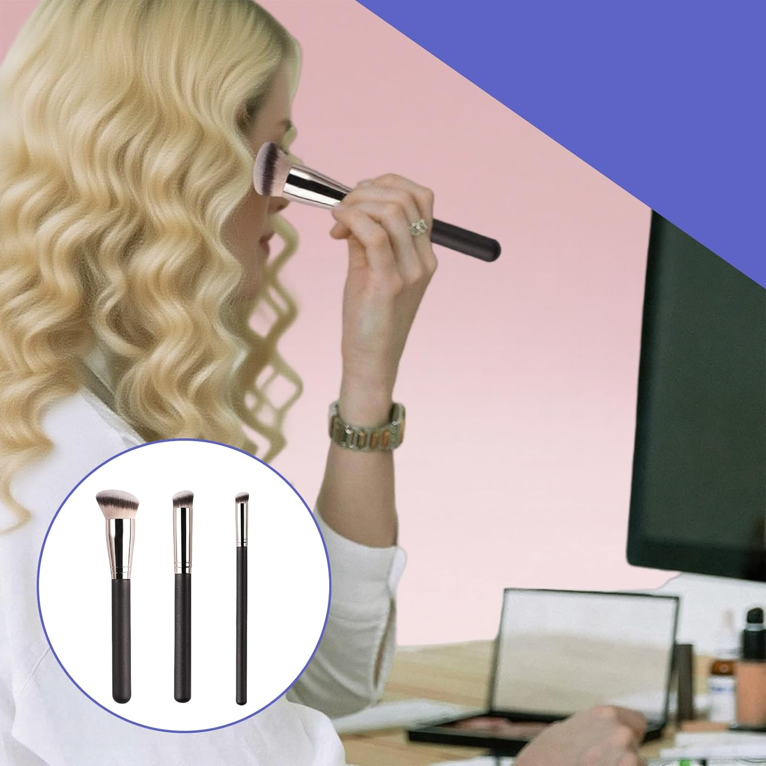 Hrenvaxil 3Pcs Makeup Brush Set, Slanted Foundation Brush & Angled Concealer Brush for Cream & Powder - Perfect for Liquid, Foundation, Concealer, Buffing, Stippling & Blending image number 5