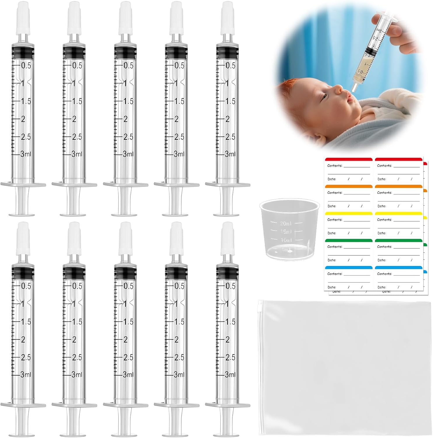 22 Pcs Colostrum Collector Kit, 10 Sterile Sealed Breast Milk Collector(3 ML) - Syringe No-Needle with Sealed Caps 10 Stickers 1 Colostrum Collection Measuring Cup(20Ml) 1 Slide Lock Storage Bag for Breastfeeding