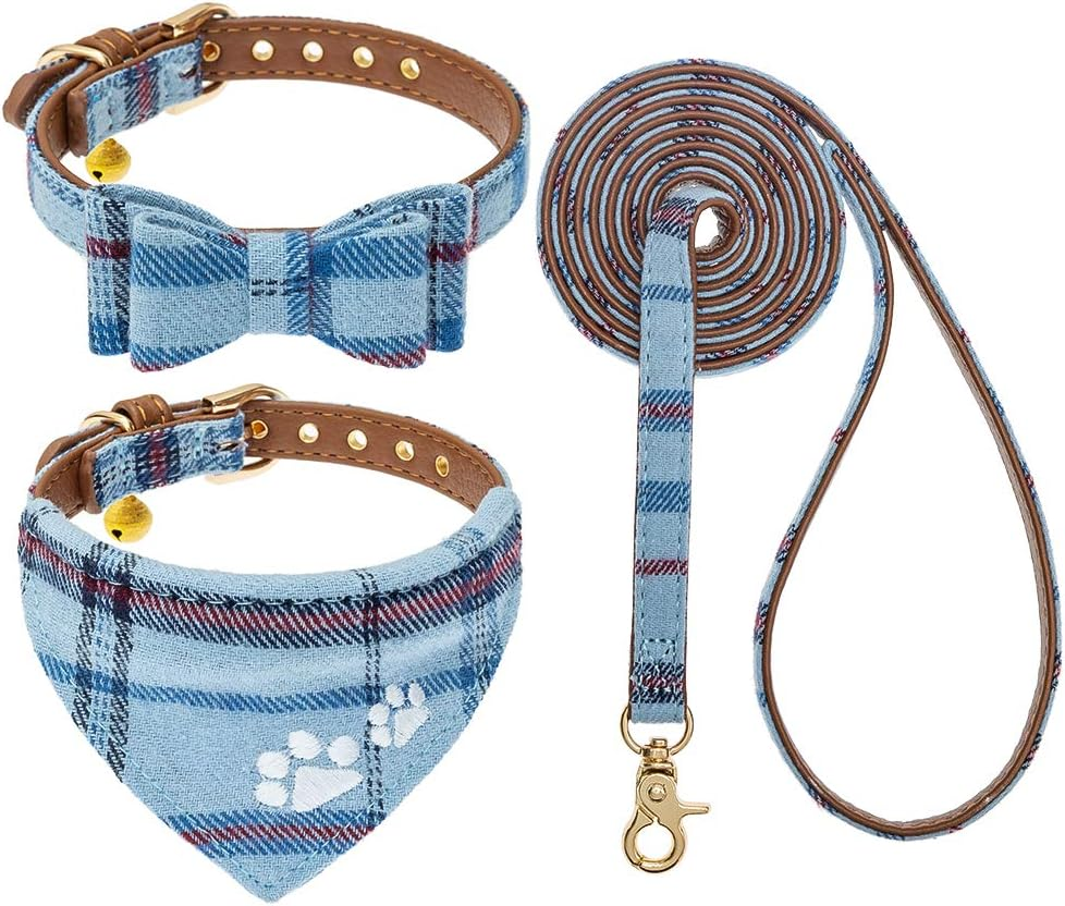 EXPAWLORER Dog Leash Collar Set - 3 Pack Plaid Pattern Adjustable Escape Proof Leash Collar Set for Outdoor Walking
