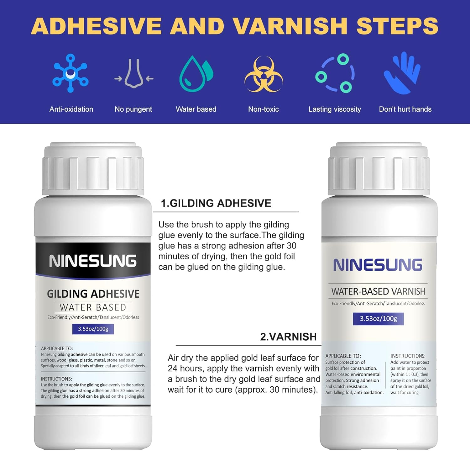 Ninesung Gold Leaf Kit | Gold Leaf Adhesive Set | 100Ml Water Based Adhesive and 100Ml Varnish | 100 Pcs Gold Leaf Sheets | 2 Brushes | with Spray Bottle | Gold Leaf Sheets for Art Craft, Painting image number 4