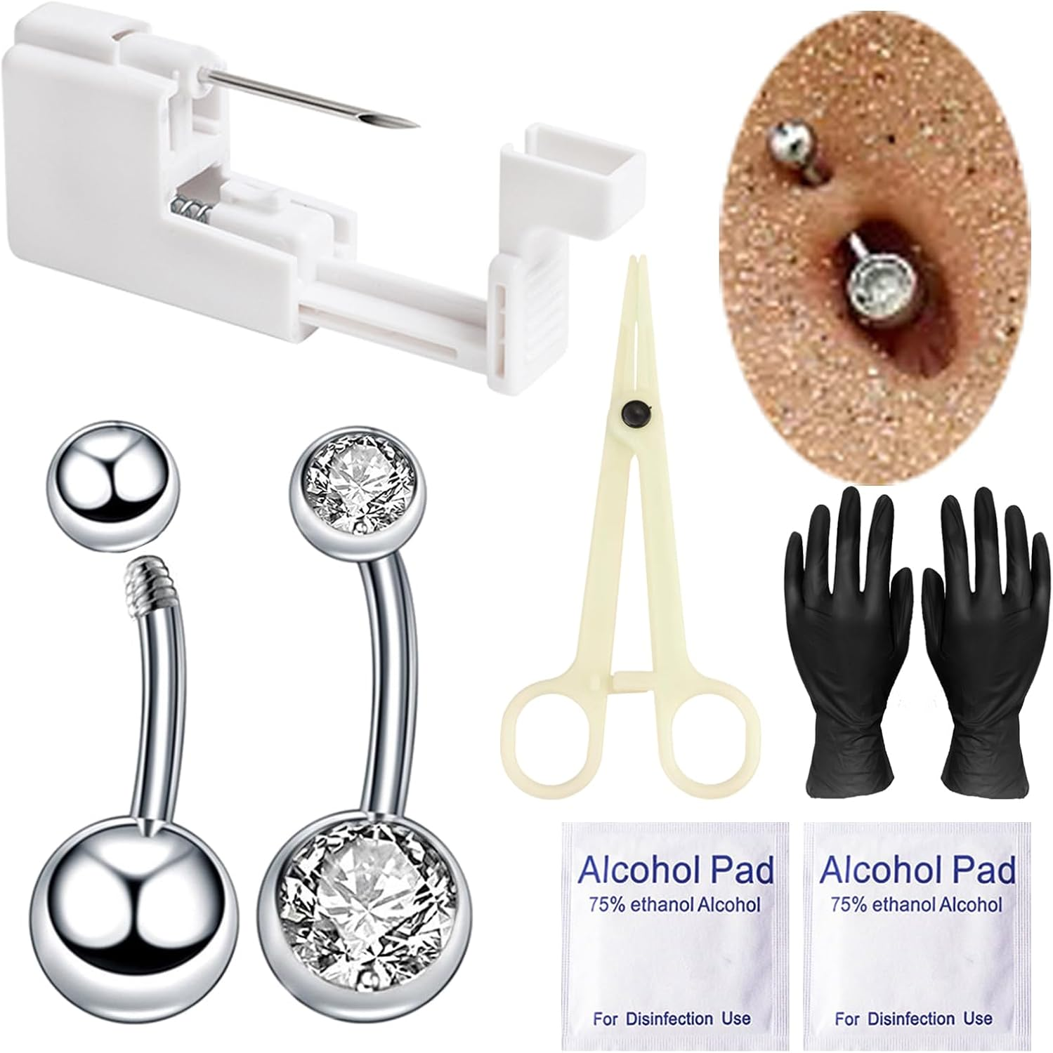 Belly Button Piercing Kit - Lip Navel Dermal Nipple Self Piercing Gun Professional Tools with Hollow Needle Studs Piercer Clamps at Home