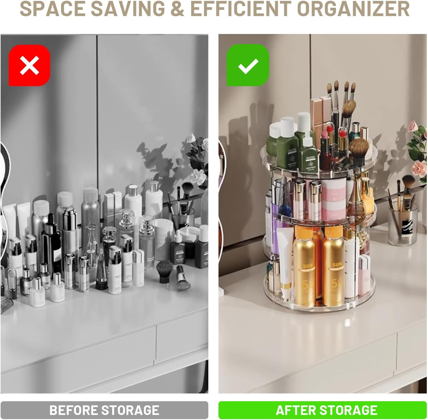 VNIMTI 2 Pack Rotating Makeup Organizer for Vanity, Large Cpacity Cosmetic & Skincare Organizers, Clear Makeup Holder for Countertop， Dresser and Bathroom, Adjustable Trays, 360 Degree Spinning image number 1