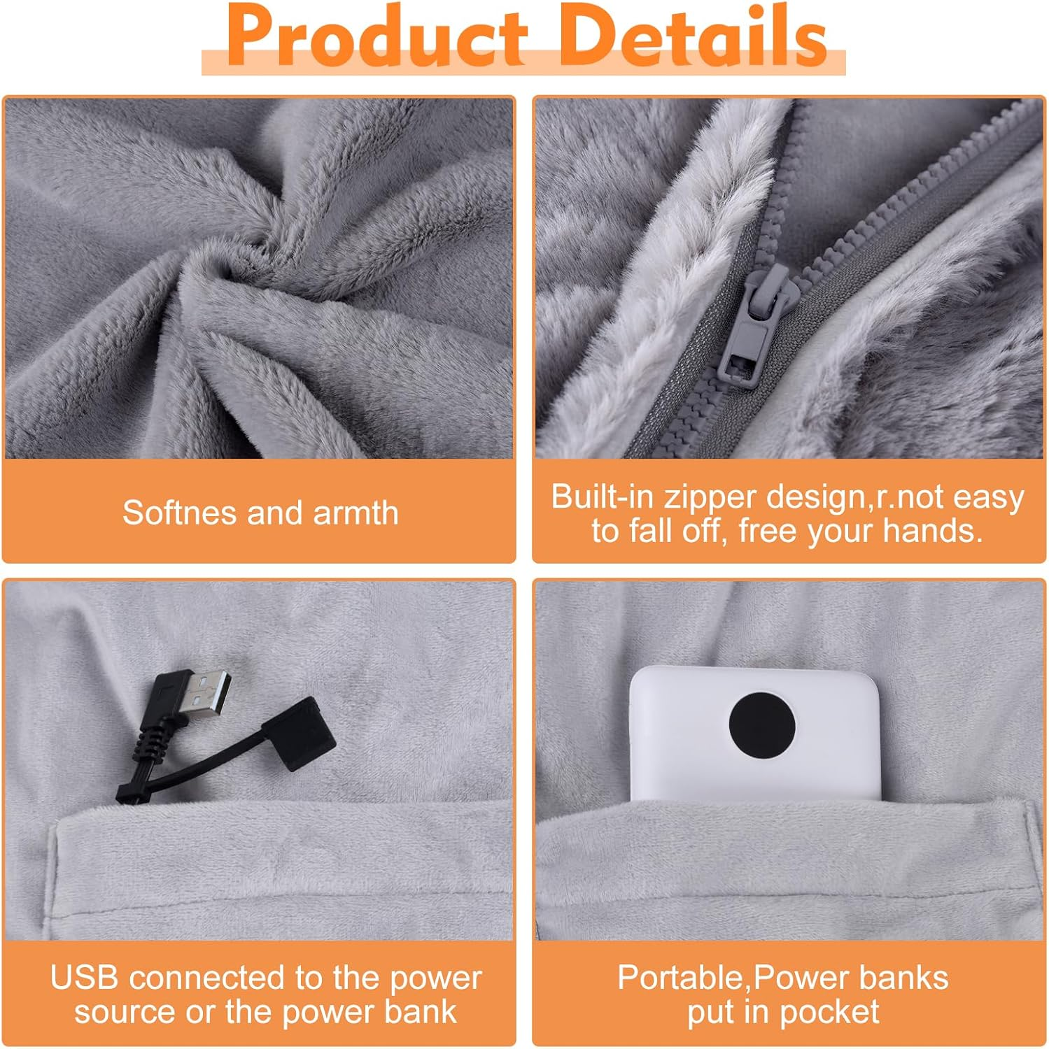 Portable USB Heated Blanket Shawl,2-In-1 Heated Blanket and Shawl,Thickened and Warm Enough Portable Electric Blanket 3 Heating Levels,Heats up to 55 Degrees, Auto-Off,For Home,Office,Camping, Travel image number 4