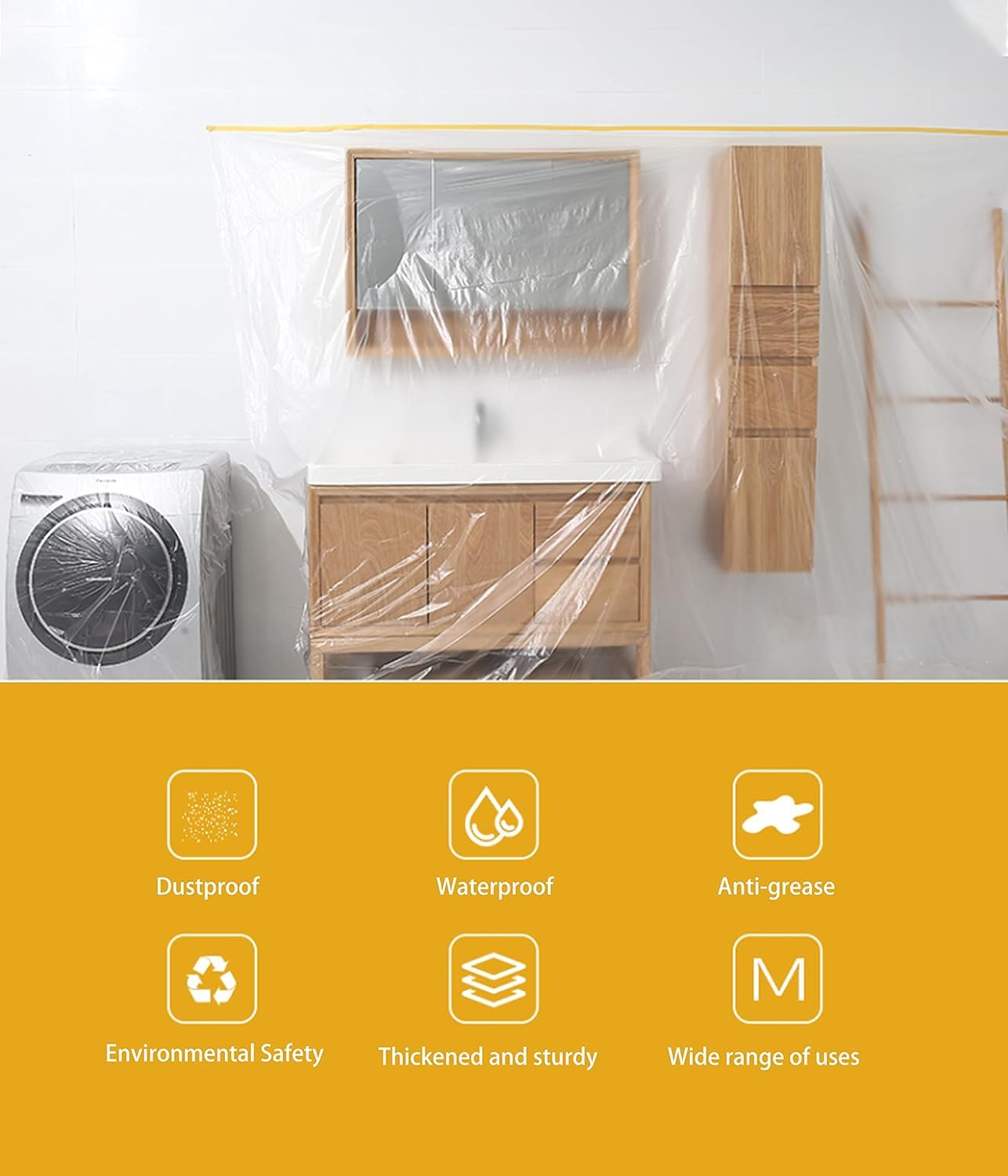 WADY 1Roll Masking Plastic with Tape,Plastic Sheeting, Taped Masking Film, Masking Film Roll Dust Sheets Adhesive Dust Sheet Roll (1)