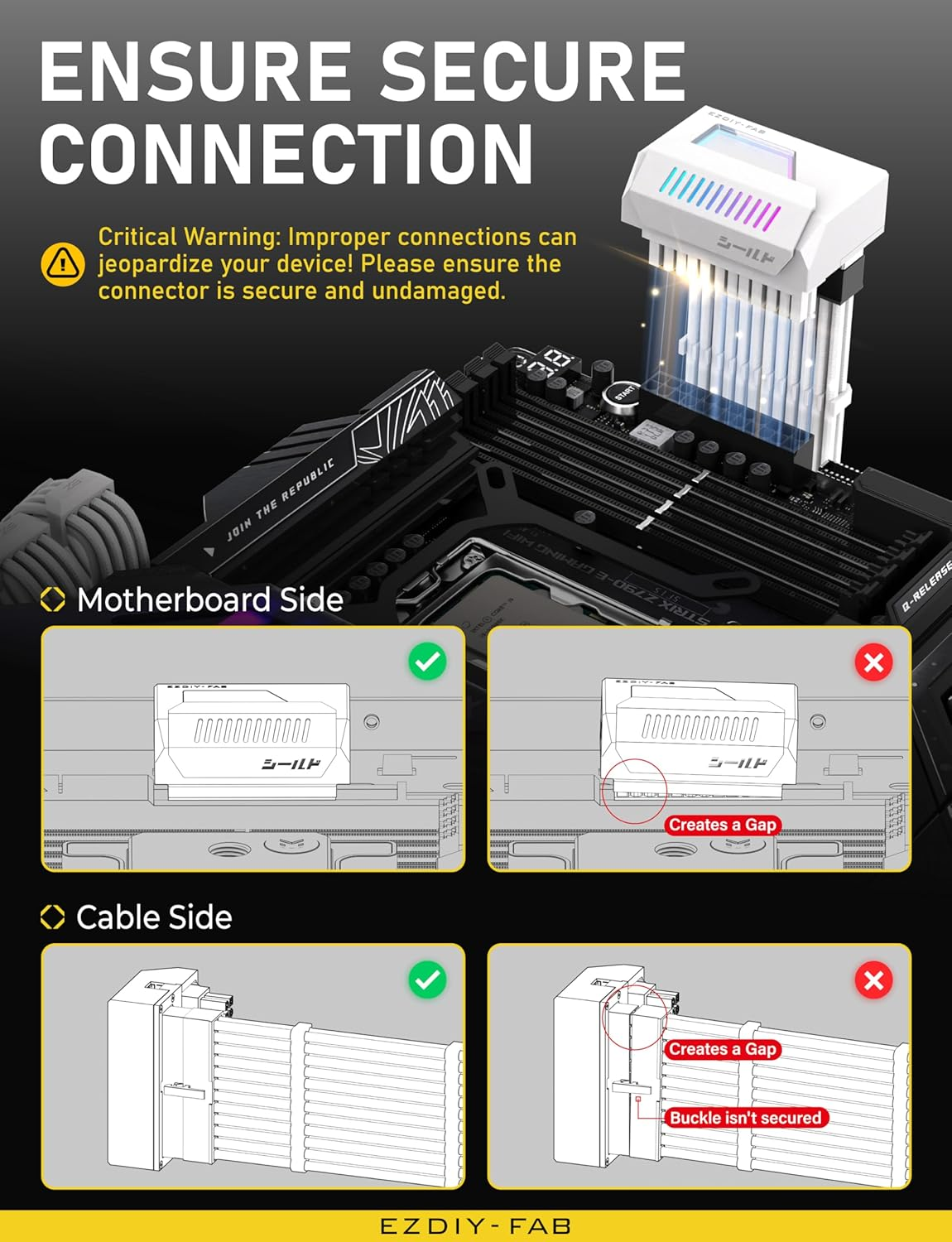 EZDIY-FAB Shield 24-Pin Angle Adapter with Infinity Mirror ARGB Light,Atx 24 Pin Power Connector, 5V 3Pin ARGB Sync-180 Degree-White-1 Pack image number 4