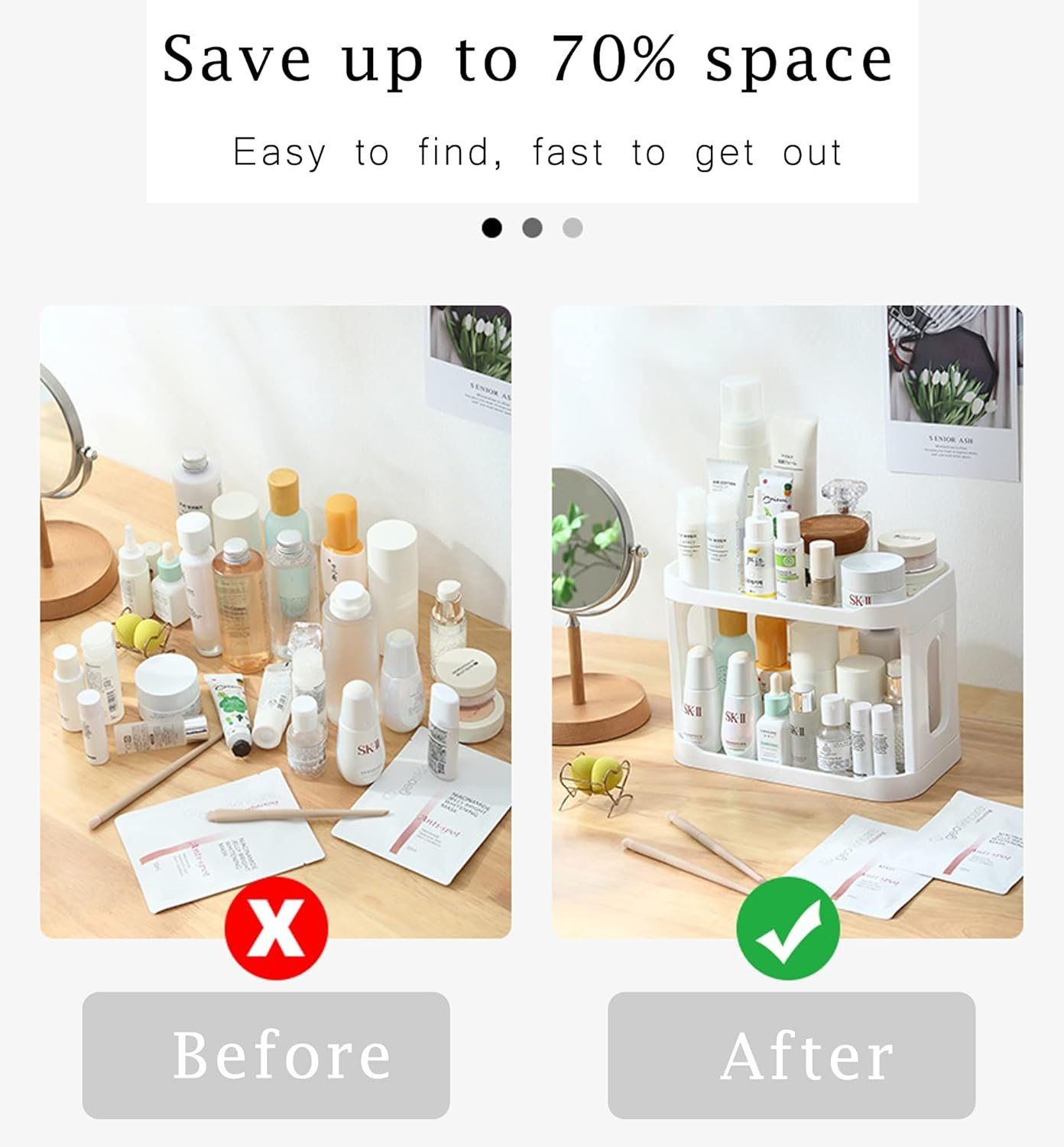 HASPINH 2 Tier Makeup Organizer, Foldable Cosmetic Storage Display Box, Large Capacity Bathroom Countertop Organizer Shelf, Perfume Organizer, Vanity Organizer, Skincare Organizers, Kitchen, White image number 3