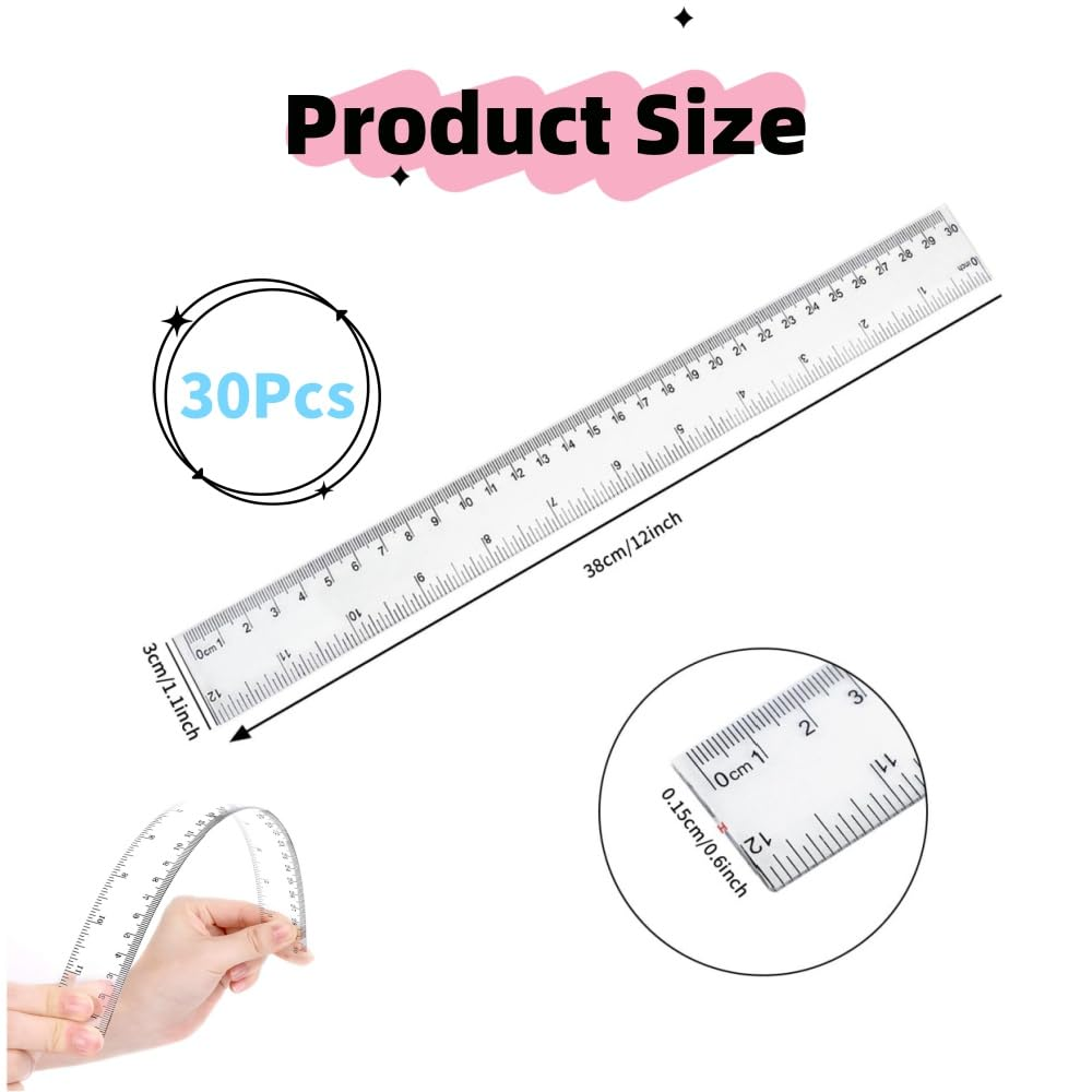 30 Pcs Clear Plastic Ruler Set, 12 Inch/30 Cm Transparent Straight Ruler with Centimeters and Inches, Flexible Measuring Tool for Student Classroom School Office image number 2