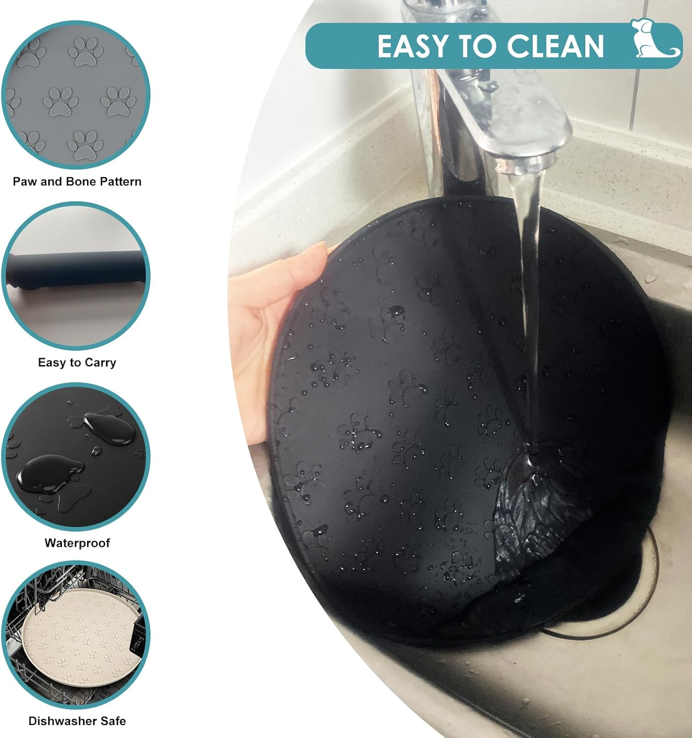 Silicone Pet Feeding Mat, Non-Slip Dog Bowl Mat, Cat Food Mat, Waterproof Tray (1Pack Black, 28X28 CM) image number 4