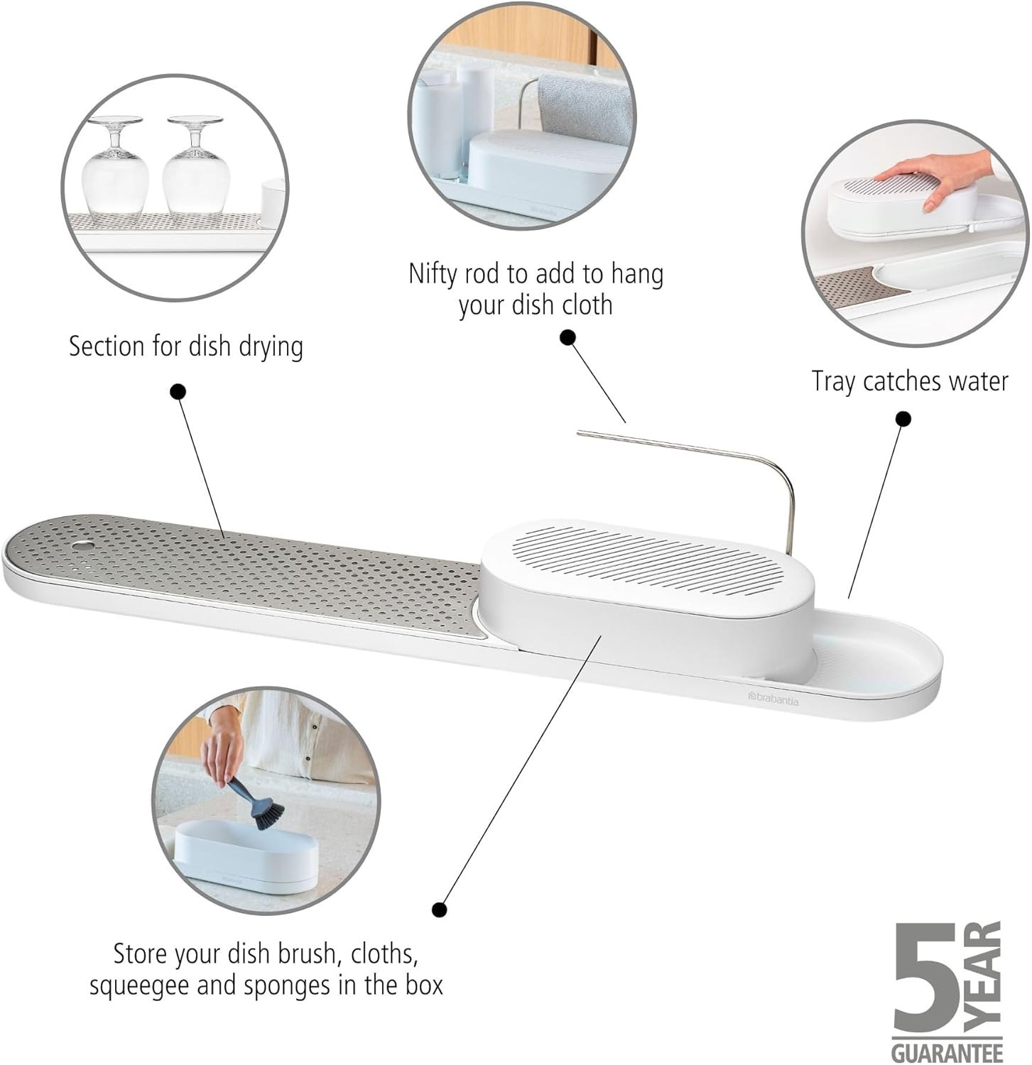 Brabantia - Sinkstyle Organiser and Drying Tray with Drip Tray and Removable Stainless Steel Plate &ndash; Sleek Kitchen Storage Solution &ndash; Mineral Fresh White image number 4