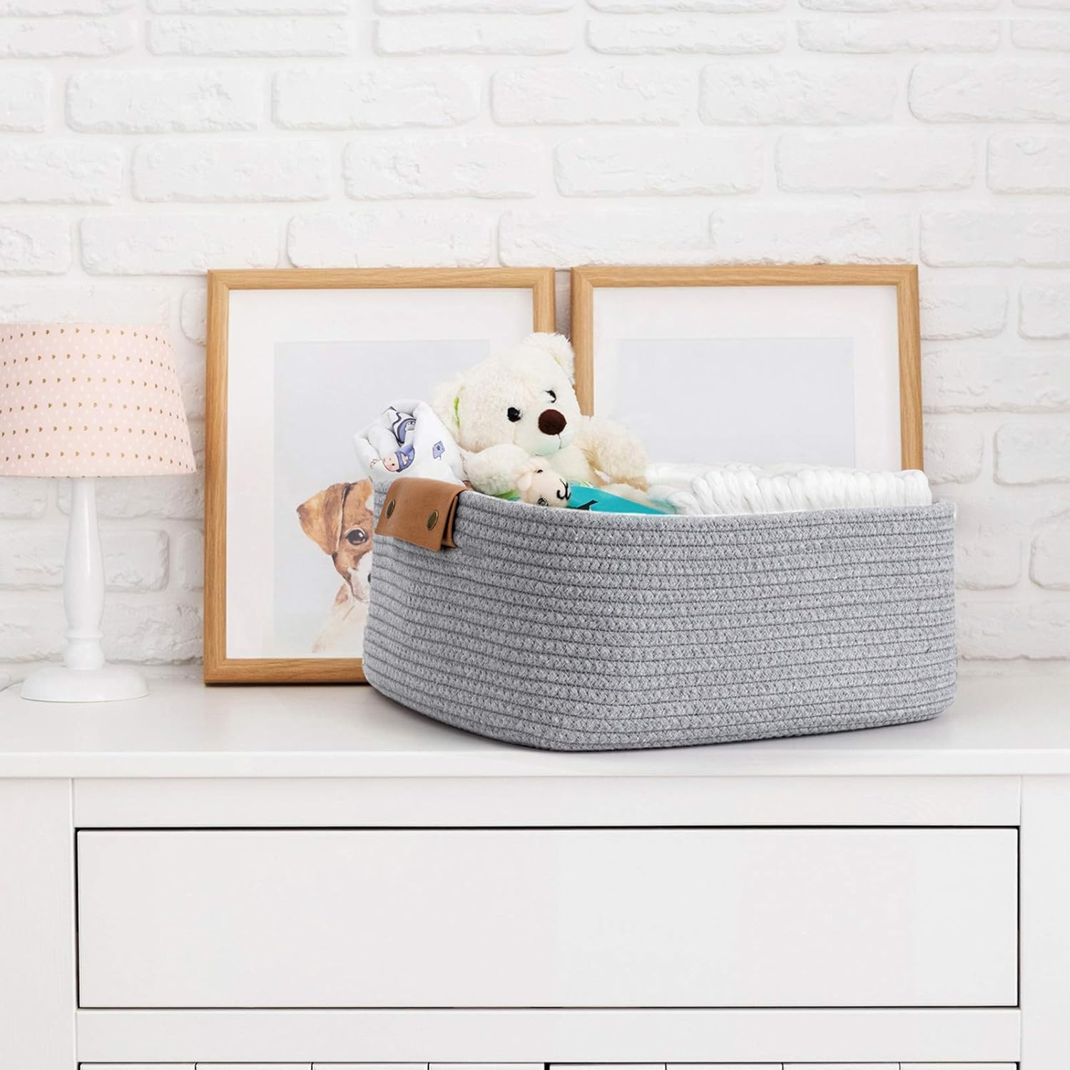 CHICVITA Rectangle Cotton Rope Woven Basket with Handles for Books, Magazines, Toys - Decorative Rectangle Basket for Baby Nursery, Living Room, Bathroom, Grey image number 4