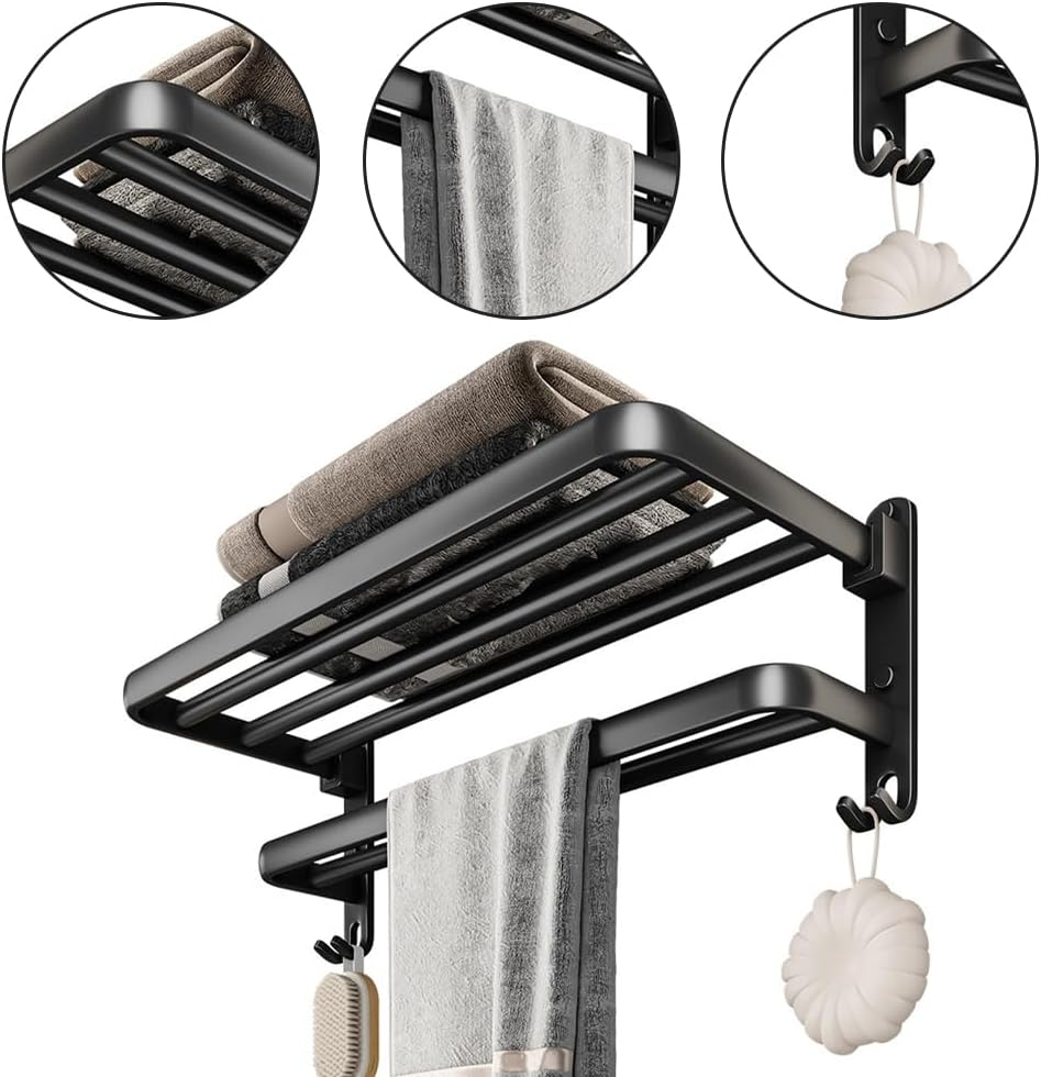 Double-Layer Bathroom Towel Rack, Foldable Washroom Shelf, Rustproof Shower Organizer, with Hooks, for Towels, Toiletries (Long 40 CM) image number 1