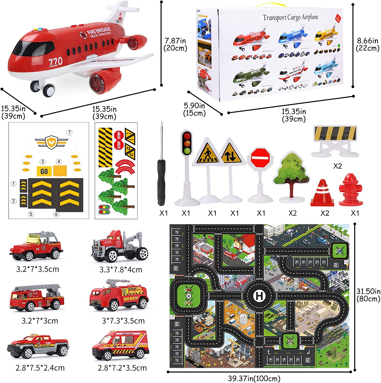 Hapavis Airplane Toys with Light and Sound Fire Trucks Set Transport Cargo Airplane Car Toy Play Set with Vehicle Car Toy image number 2