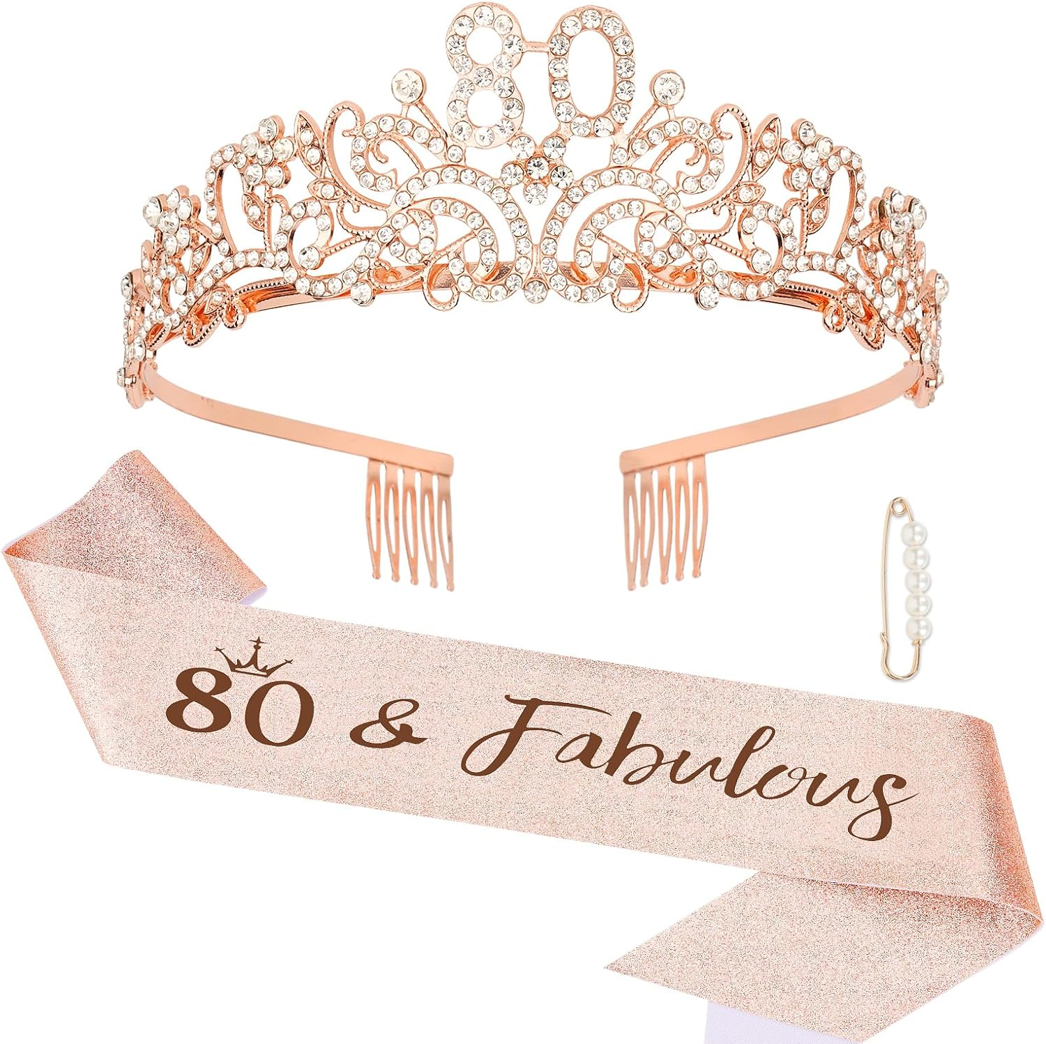 Exipsat Birthday Crown Sash 80 Birthday Woman 80 and Fabulous Sash and Rhinestone Tiara Set, 80Th Birthday Tiara, Birthday Sash for Women, Rose Gold Birthday Party Supplies image number 4