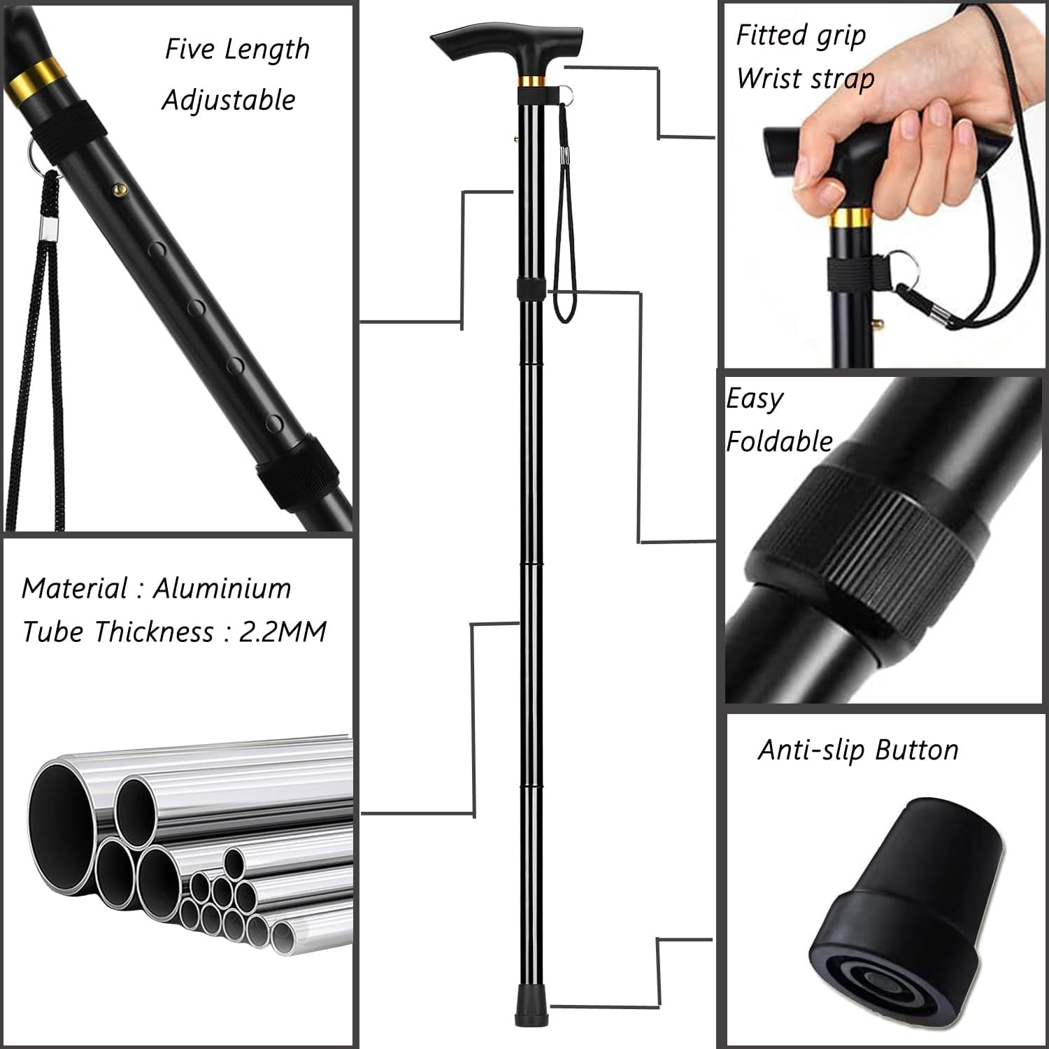 Aluminum Alloy Walking Sticks Trekking Poles Hiking Cane Foldable Hiking Stick Anti-Slip Cane for Elderly Length Adjustable Walking Stick Cane for Elderly image number 5